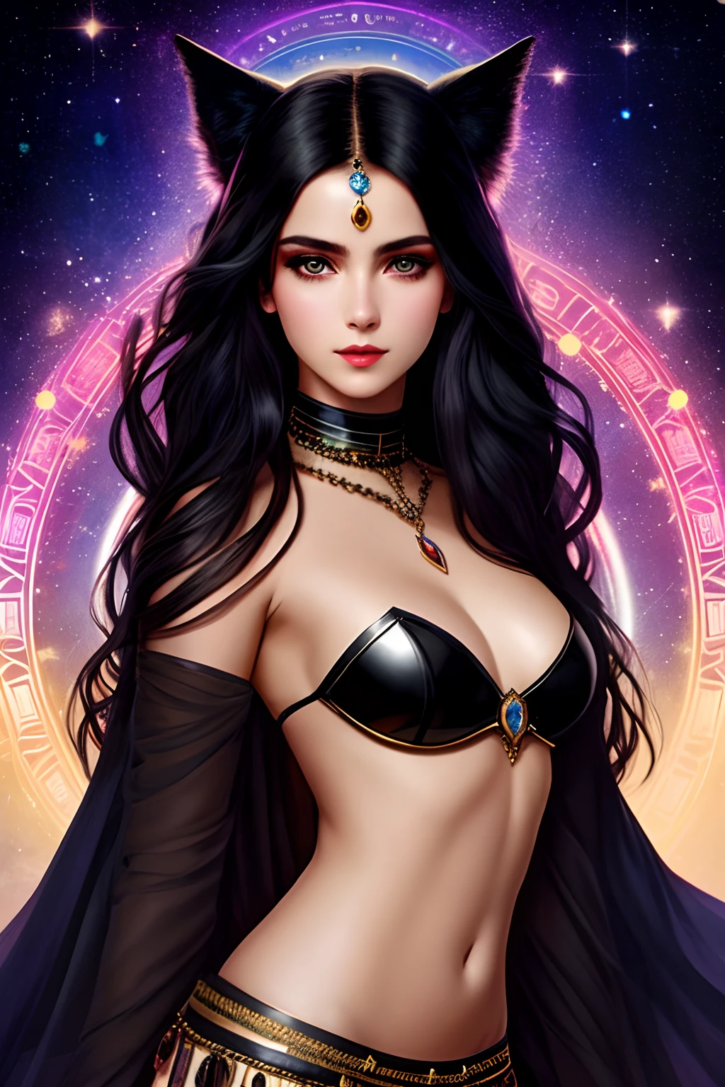 beautiful Latina woman, body complet, looks at the viewer, symmetrically, Eyes Covered, slight smile, Spiritual Awakening, intricate detials, Space, Essential, Mystical, Complex environment, brush strokes, glowing lights, by Greg Rutkowsky, RHADS, Beeple, makoto sinkai ,Lois van Baarle,illya kuvshinov,Rossdrous,Tom Bagshaw,by Alphonse Mucha,tmasterpiece,extra high resolution,hiquality,Model: long wavy hair, full dark lips, black shiny body, Smoky eyes, BREAK, Setting: Room with black color, Broken glass,multicolored neon crystals, BREAK, bodypaint: Polychromatic geometric patterns, Torso cover, Arms and legs, BREAK, Accessories: Chrome-plated chains with torn body, Silver Choker, black feathered white black wings, Naked, Topless, naked body,BREAK, the pose: on a bed, looking forward, truth, Magic, Magic, wolf ears, Wolf, up close, northern lights, spectrum. apaixonado, Dark Elves. 🧘🏻♀️👁️⛩️soror 🌬️mystica 🩸✨occult dmt🪬dream 👁️goddess of Love🥀🔑🚪moon, .key, starry, Secreta, Heart, 100mm wide-angle lens