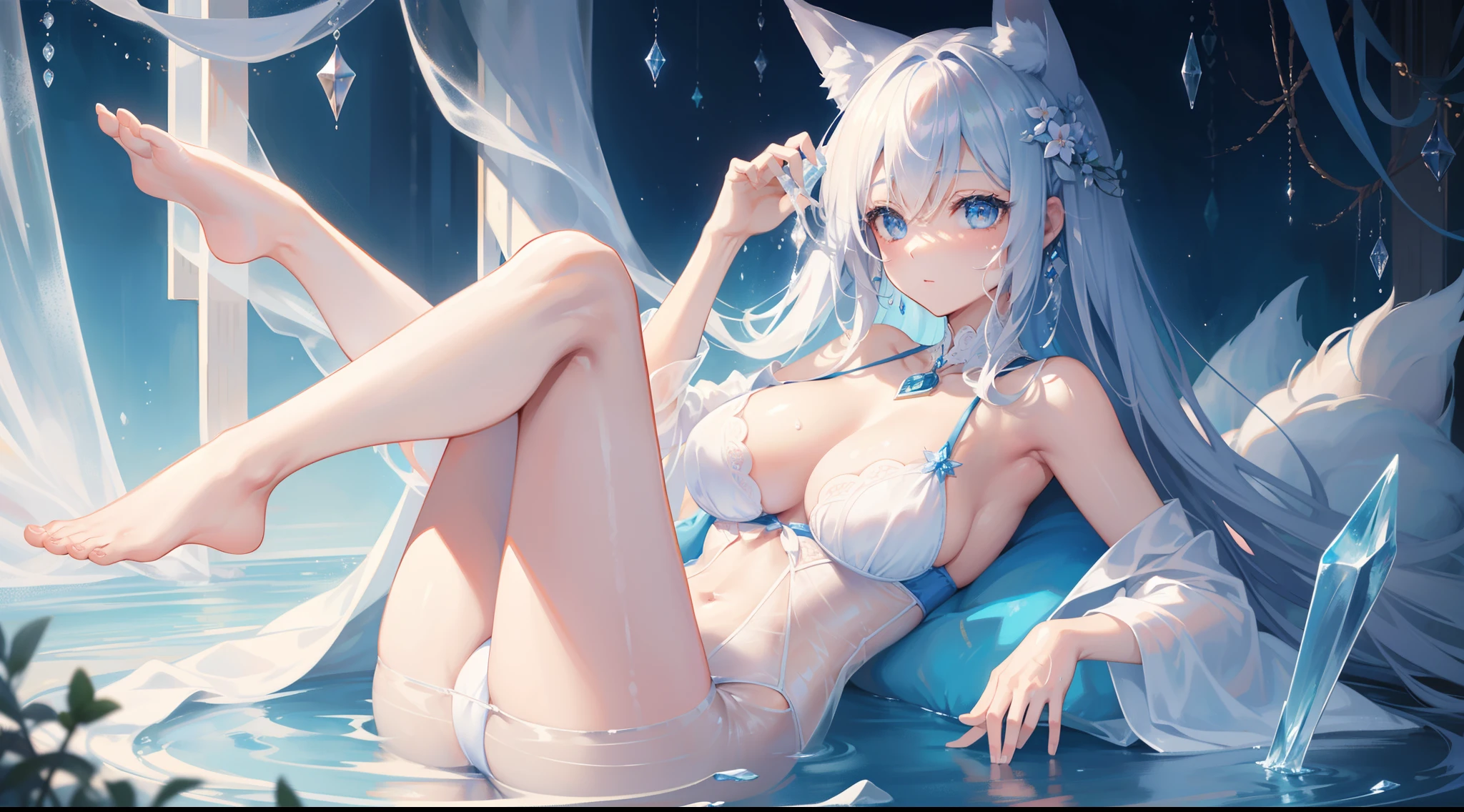 Fox Fairy，Full body masterpiece，Best quality at best，offcial art，Very detailed CG 8k wallpaper，(flying petal)(detailed ice)，The crystal texture of the skin，Grim expression，(fox ear)，whaite hair，long whitr hair，messy  hair，eBlue eyes，the breasts are large，looking at viewert，Very fine and beautiful，Eau，(Beautiful detailed eyes)，highly  detailed，电影灯光，(beauitful face)，fine water surface，(original figure painting)，ultra - detailed，incredibily detailed，(Very fine and beautiful)，Beautiful detailed eyes，(Best quality at best)Beautiful woman with beautiful figure：1.3，（（White color hair）），（（Beautiful udder：1.3）），（Showers，hazy water）），（Transparent underwear and bristles））），（浴室）），（（suspending）），（（Raised sexy）），（（Raise your legs slightly））（Wet breasts）），（Drenched Body）））），（Soaked）））Transparent underwear bites，streaked，Hair covered beautifully