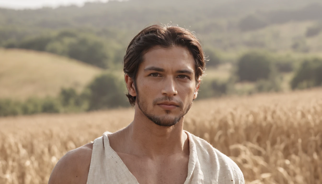 (Professional 3D rendering:1.3) de (Realistic:1.3) foto de arte mais bonita do mundo,((epic hero, rough fantasy, hero, olhar suave, sorrindo com o canto da boca, cabelos longos, Large beard and strong expression in dynamic pose, strolling in the barley plantation, Location in the barley field on the right side, Majestic chaotic environment)), (It's a king; ((Wear a crown on your head)); (capa majestosa vermelha), White tunic and white linen shirt: 1.4); Full-body 8K drive rendering, action shot, skin pores, very dark lighting, sombreamento pesado, circunstanciado, Rosto detalhado, (vibrante, Realistic photography, Realistic, Dramatic, Escuro, foco nítido, 8k), (intrincado: 1.4), decadente, (altamente detalhado: 1.4), pintura digital, arte conceitual, liso, foco nítido, semente da arte, (Loish: 0.23), (global ilumination, studiolight, light volumetric), floating particles, fantasia, corpo inteiro.