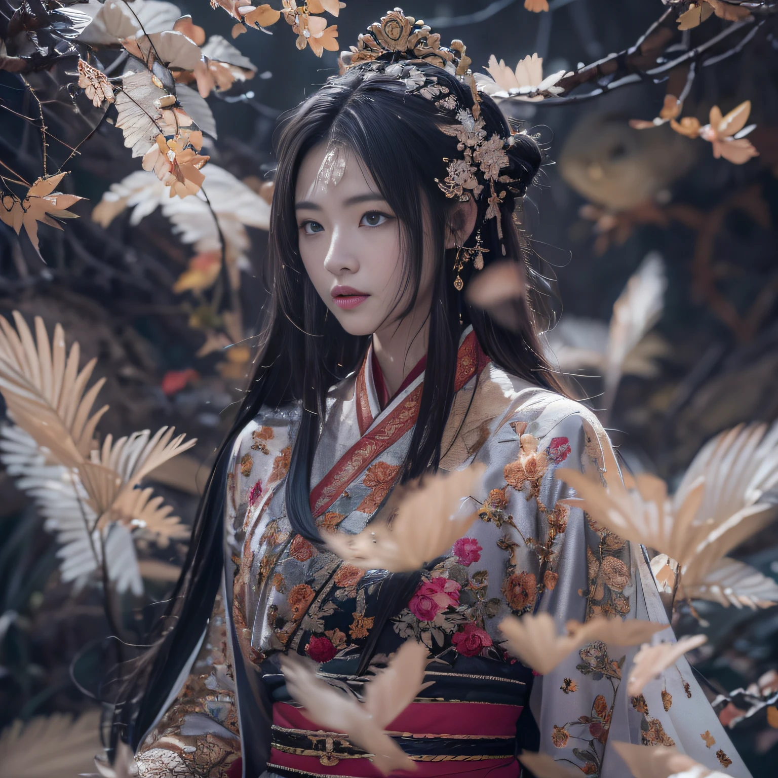 32K(tmasterpiece,k hd,hyper HD,32K)Long flowing black hair,ponds,zydink, a color, Xuzhou people (Silly girl), (Silk scarf), Combat posture, looking at the ground, long whitr hair, Floating hair, Carp pattern headdress, Chinese long-sleeved clothing, (abstract ink splash:1.2), Pink petal background,Pink and white lotus flowers fly(realisticlying:1.4),Black color hair,Fallen leaves flutter,The background is pure, A high resolution, the detail, RAW photogr, Sharp Re, Nikon D850 Film Stock Photo by Jefferies Lee 4 Kodak Portra 400 Camera F1.6 shots, Rich colors, ultra-realistic vivid textures, Dramatic lighting, Unreal Engine Art Station Trend, cinestir 800,Long flowing black hair
