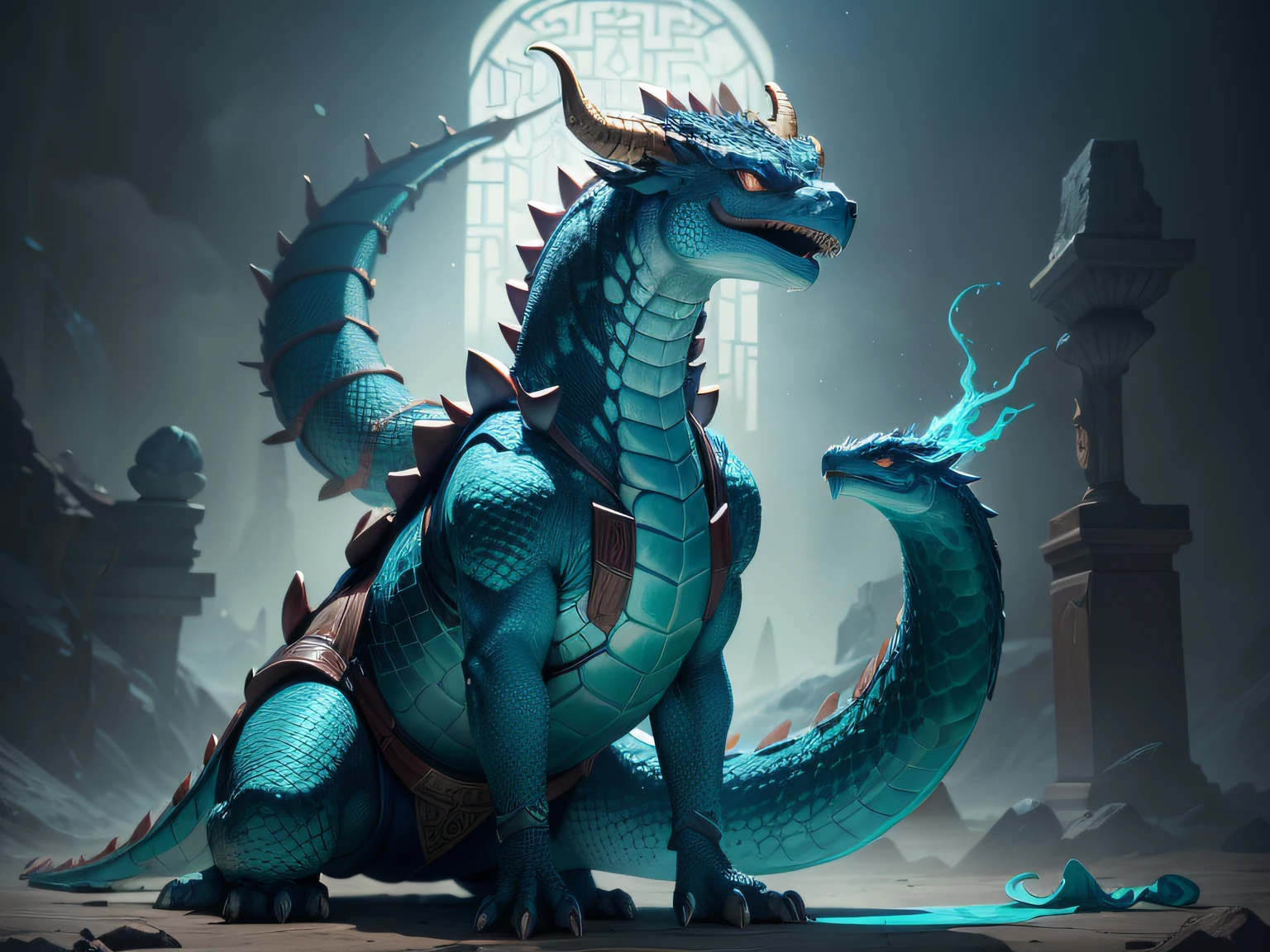 tmasterpiece,A high resolution,8K,CG animation,The image of a mythical beast in Chinese mythology,By the head of a dragon、The body of a turtle、The tail of the snake is composed;The head is covered with turquoise dragon horns,The eyes are like the finest emerald gemstones;The body is protected by a solid and heavy shell,The surface of the housing is uneven,It has an ancient pattern;The dorsal ridge is staggered and angular,Extremely sharp;The tail is a python spitting turquoise letters,