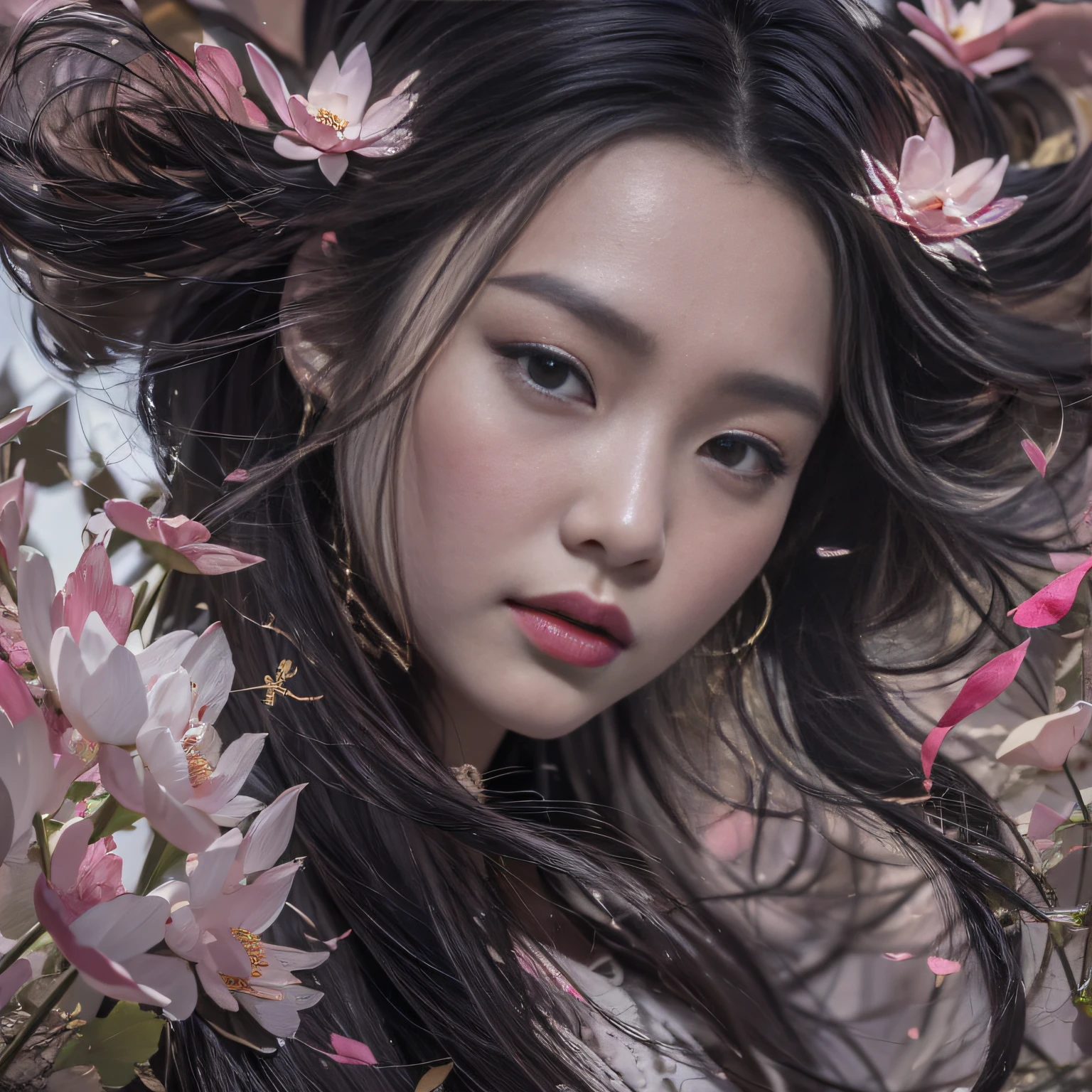 32K(tmasterpiece,k hd,hyper HD,32K)Long flowing black hair,ponds,zydink, a color, Xuzhou people (Silly girl), (Silk scarf), Combat posture, looking at the ground, long whitr hair, Floating hair, Carp pattern headdress, Chinese long-sleeved clothing, (abstract ink splash:1.2), Pink petal background,Pink and white lotus flowers fly(realisticlying:1.4),Black color hair,Fallen leaves flutter,The background is pure, A high resolution, the detail, RAW photogr, Sharp Re, Nikon D850 Film Stock Photo by Jefferies Lee 4 Kodak Portra 400 Camera F1.6 shots, Rich colors, ultra-realistic vivid textures, Dramatic lighting, Unreal Engine Art Station Trend, cinestir 800,Long flowing black hair