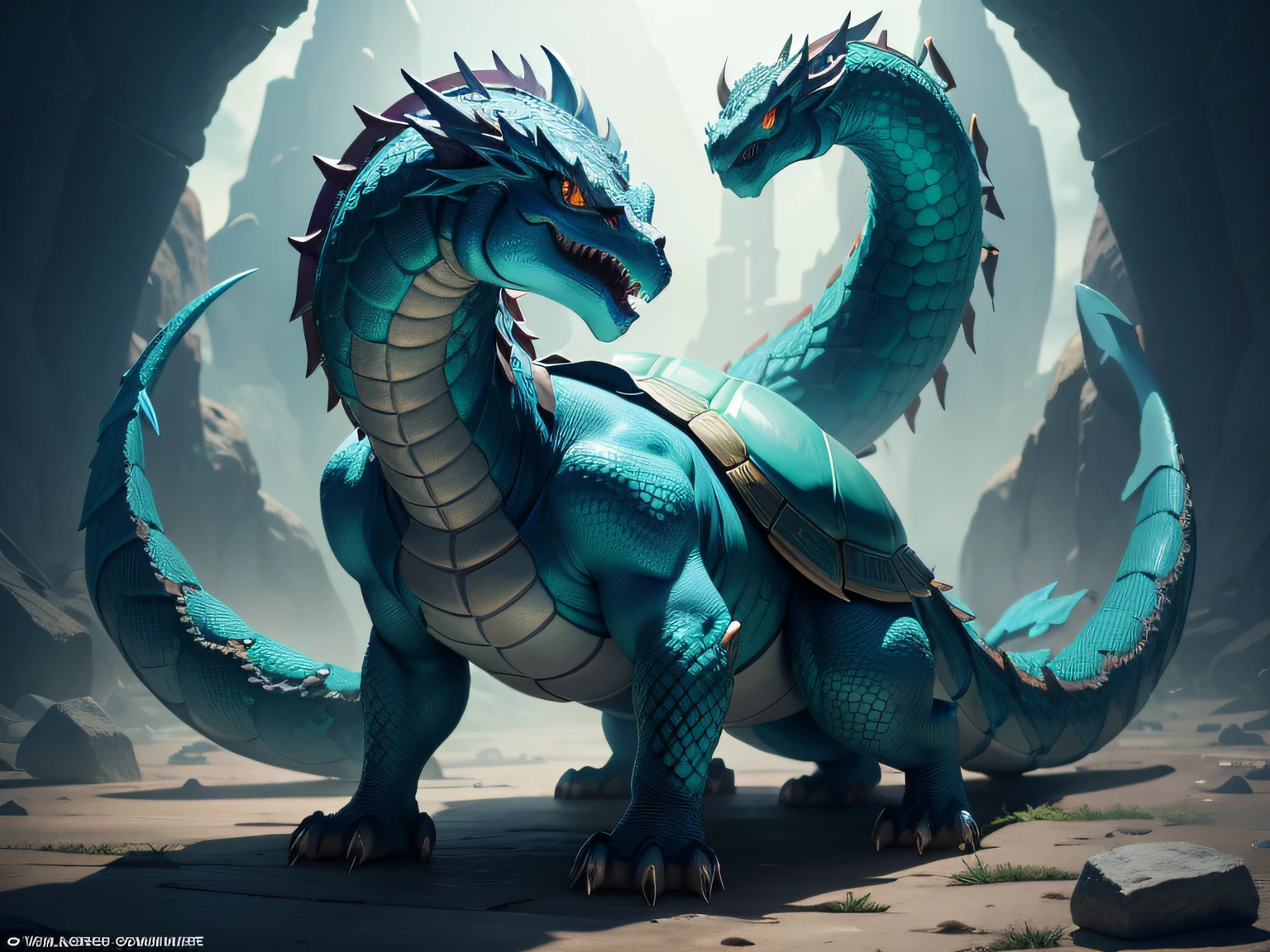 tmasterpiece,A high resolution,8K,CG animation,The image of a mythical beast in Chinese mythology,By the head of a dragon、The body of a turtle、The tail of the snake is composed;The head is covered with turquoise dragon horns,The eyes are like the finest emerald gemstones;The body is protected by a solid and heavy shell,The surface of the housing is uneven,It has an ancient pattern;The dorsal ridge is staggered and angular,Extremely sharp;The tail is a python spitting turquoise letters,