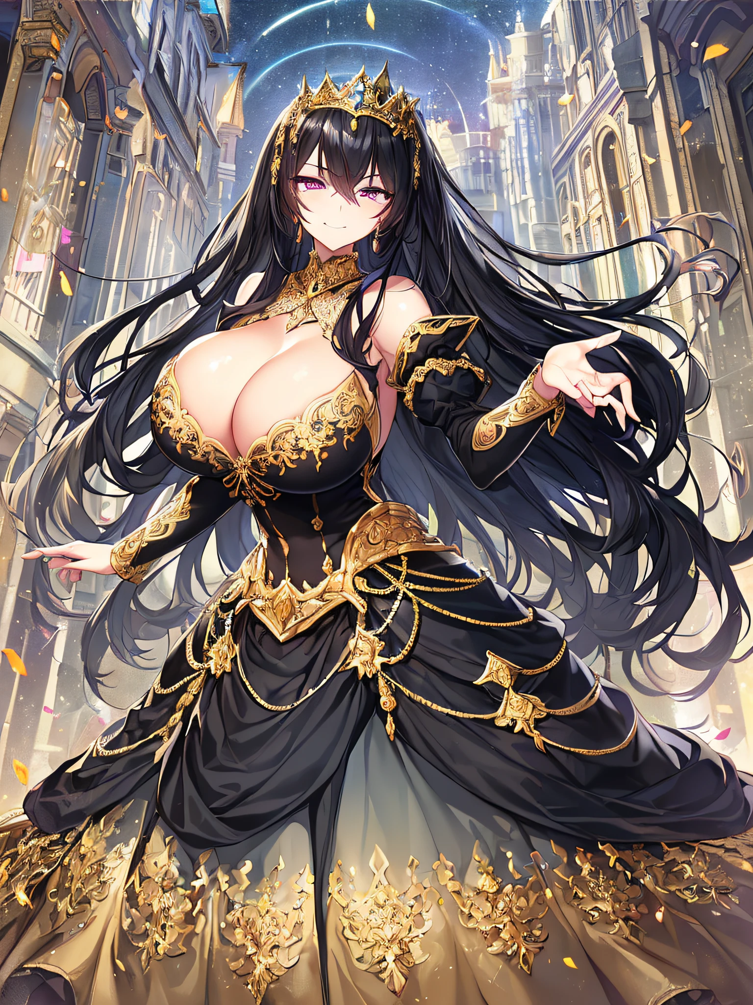 ((anime artstyle)),(Masterpiece),(Best Quality), (Super Detail),((Very Delicate and Beautiful)),(((Solo))),((full body portrait)),((1 arrogant queen in glitter jeweled black and gold gorgeous rococo princess ballgown with voluminous full length hoop skirt)),((crinoline)),Long train,((arrogant)),((haughty)),(((smug))),(Sharp eyes),(((standing in the square of the castle town,festival))),((outdoor)),sun light,medieval main street,gorgeous gemstone jewelry,detailed face and eyes,jewel-like eyes,Purple eyes,((Bangs between eyes)),((large amount of straight black hair,extremely voluminous black Hair,Very Long Straight black Hair)),(((gigantic tits,Long tits))),cleavage,extremely gorgeousfull hair ornament,((bling-bling extremely gorgeousfull jeweled tiara)),gorgeous corsage,((Dynamic Angle)),Looking at viewer,flower petals flowing,((glitter jeweled black and gold gorgeous princess rococo ballgown with voluminous full length hoop skirt))