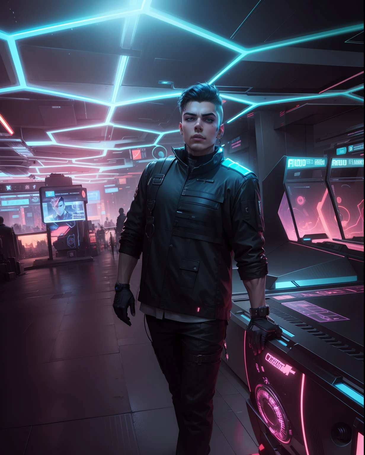 Change Background Cyber punk Handsome Boy. realistic face .