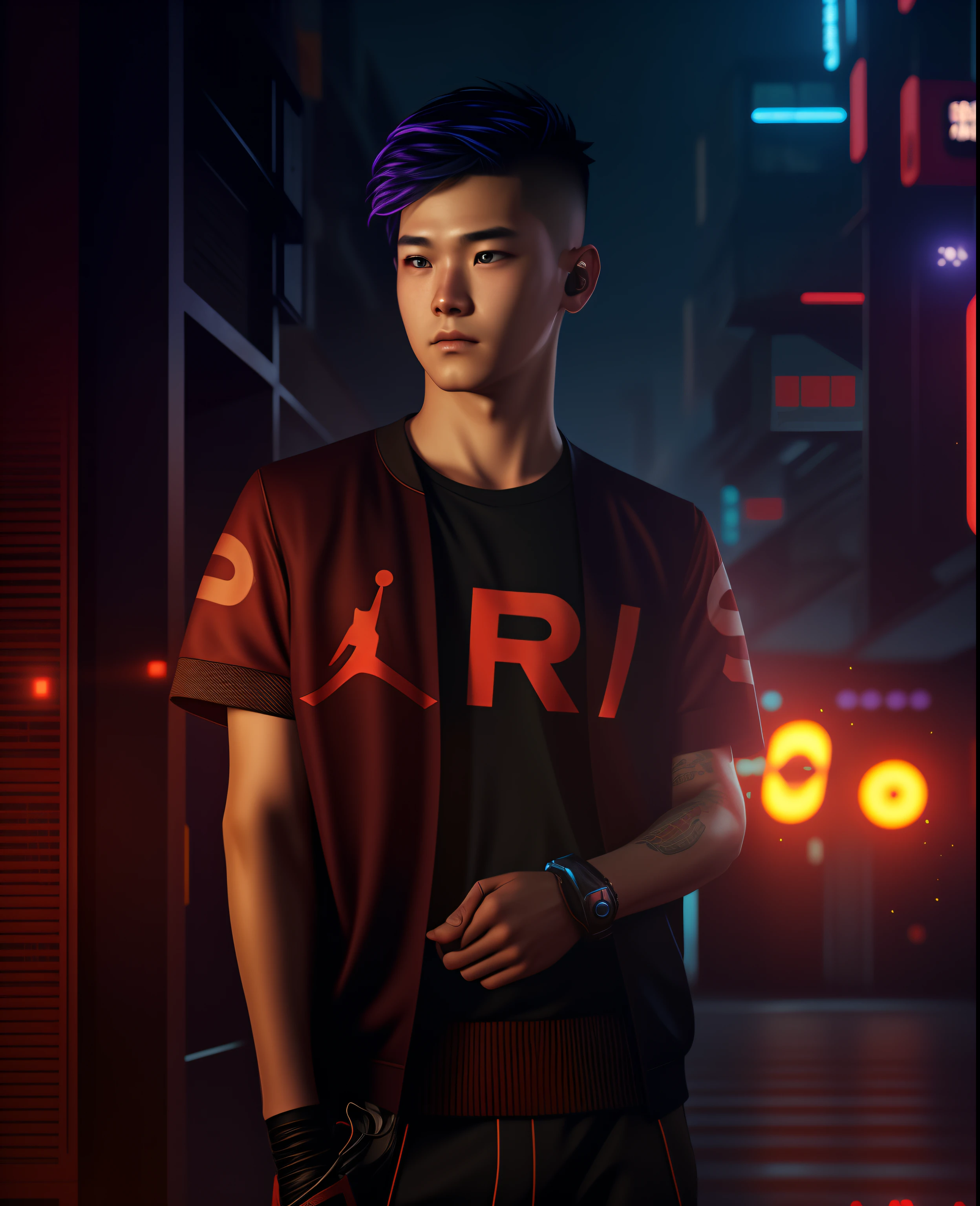 Handsome boy Chang background with cyber punk (high details quality) 8k ultra (add realistic face) hd high details  vibrance ( cyberpunk)look normal eyes