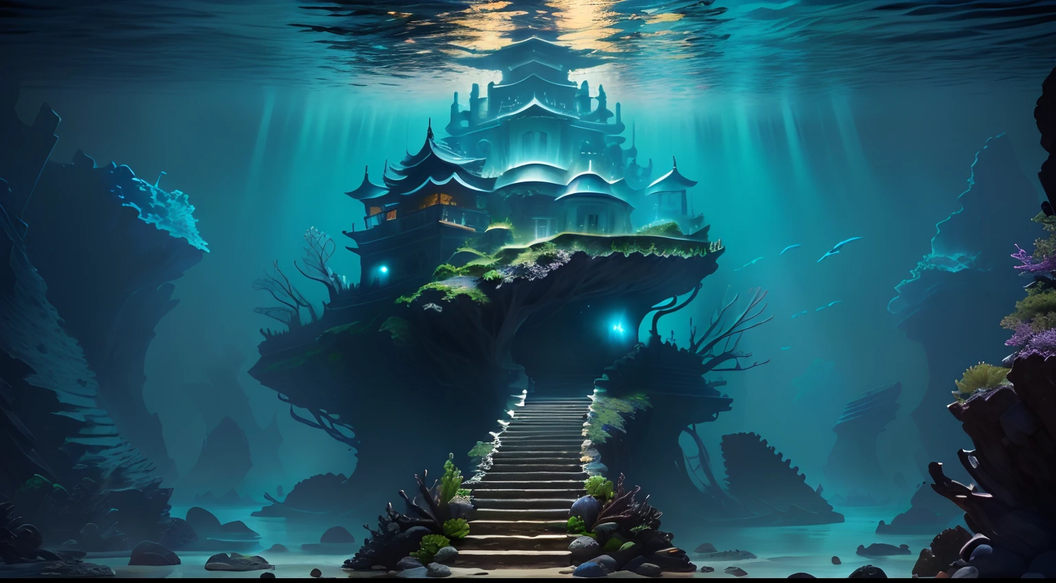 Under the dark sea,Covered with reefs,The surface of the reef has dark stripes。In the middle is a ruin,There are steps,There is a stone throne in the center,There are people sitting on it,In his hand, he held a three-bladed halberd shining with golden light vertically,Around the throne, There is a water flow effect。Far perspective,The surrounding brightness is dim,Bright in the middle,((High material))
