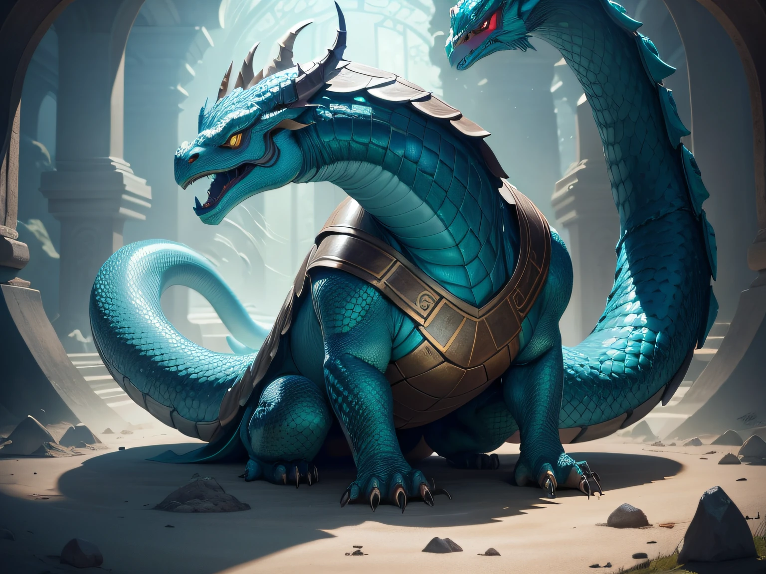 tmasterpiece，A high resolution，8K，CG animation，The image of a mythical beast in Chinese mythology，By the head of a dragon、The body of a turtle、The tail of the snake is composed；The head is covered with turquoise dragon horns，The eyes are like the finest emerald gemstones；The body is protected by a solid and heavy shell，The surface of the housing is uneven，It has an ancient pattern；The dorsal ridge is staggered and angular，Extremely sharp；The tail is a python spitting turquoise letters，