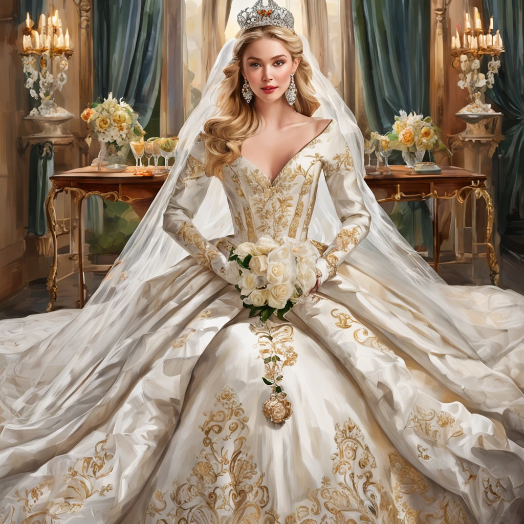 Best quality, Masterpiece, a stunningly beautiful Greer Grammer as a royal bride wearing a stately and elaborate royal wedding dress of white satin and tulle adorned with huge ribbon bows, lace, frills, flounces, embroidery and jewels, with enormous puffed sleeves, an hourglass waist and a voluminous crinoline hoopskirt, bustle, and train, long white gloves, pearl necklace and earrings, elaborately curled and styled hair
