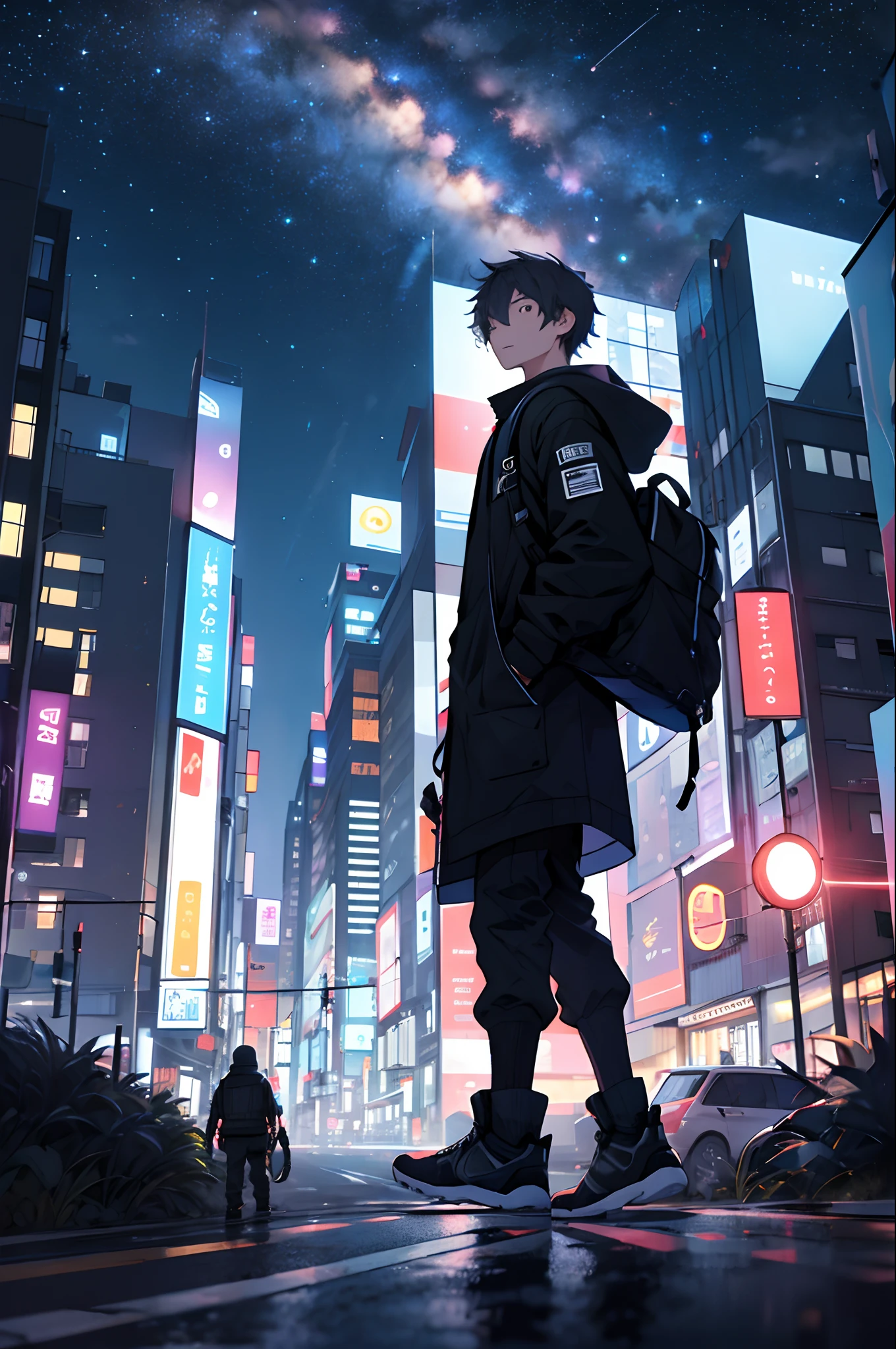 A small figure stands in the middle of a city full of technology at night,Above the sky is a vast starry sky