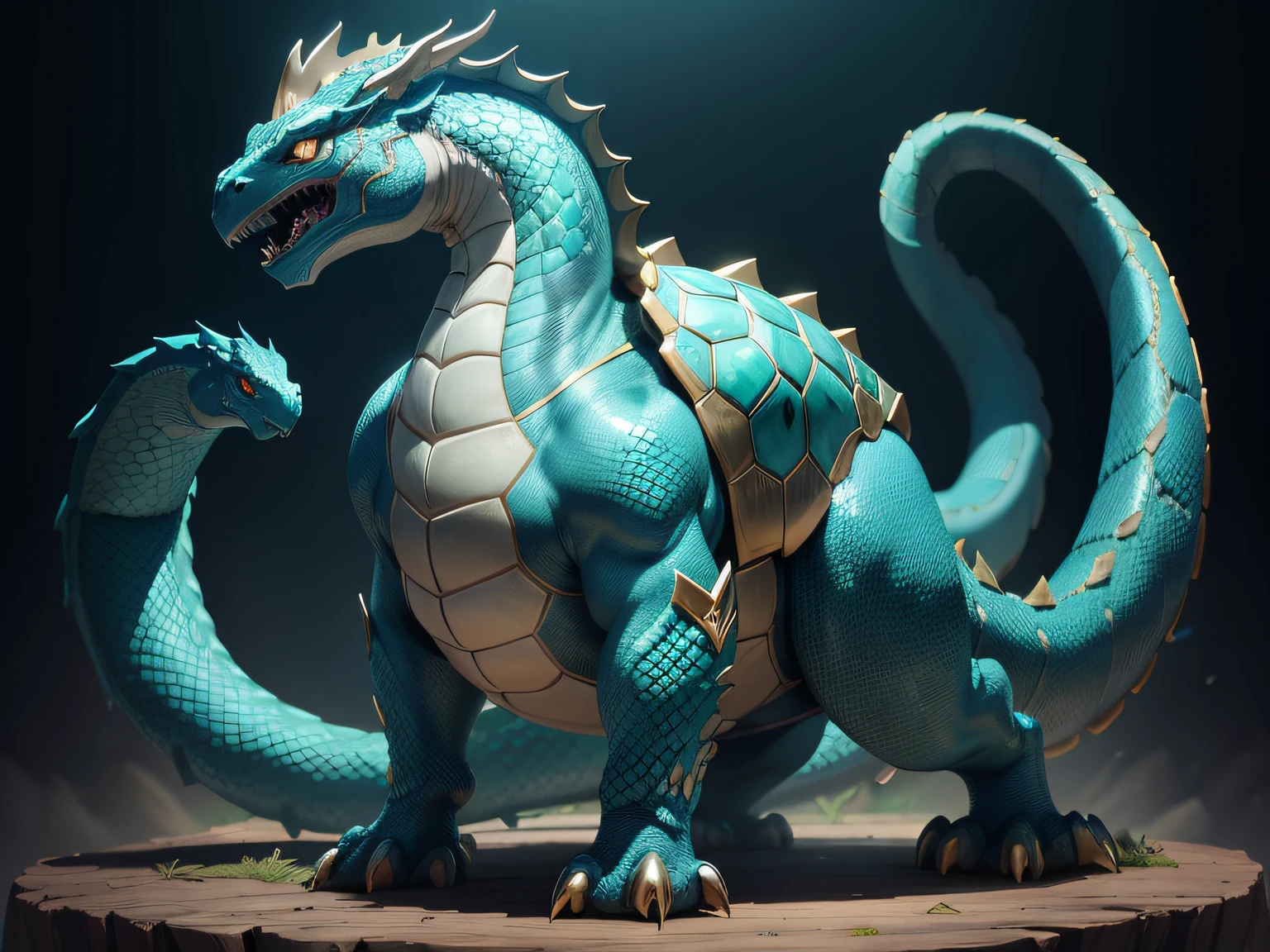 tmasterpiece，A high resolution，8K，CG animation，The image of a mythical beast in Chinese mythology，By the head of a dragon、The body of a turtle、The tail of the snake is composed；The head is covered with turquoise dragon horns，The eyes are like the finest emerald gemstones；The body is protected by a solid and heavy shell，The surface of the housing is uneven，It has an ancient pattern；The dorsal ridge is staggered and angular，Extremely sharp；The tail is a python spitting turquoise letters，