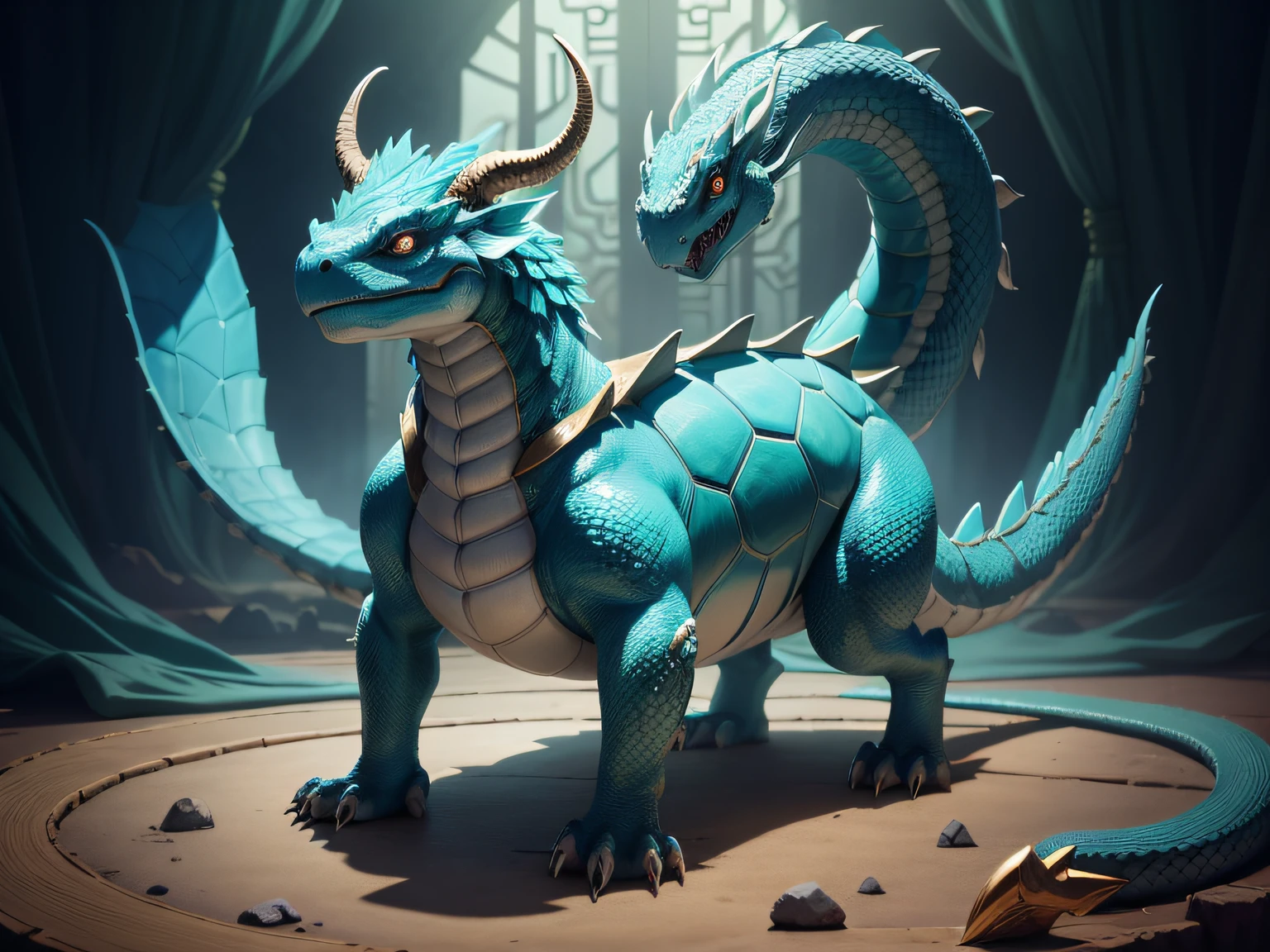 tmasterpiece,A high resolution,8K,CG animation,The image of a mythical beast in Chinese mythology,By the head of a dragon、The body of a turtle、The tail of the snake is composed;The head is covered with turquoise dragon horns,The eyes are like the finest emerald gemstones;The body is protected by a solid and heavy shell,The surface of the housing is uneven,It has an ancient pattern;The dorsal ridge is staggered and angular,Extremely sharp;The tail is a python spitting turquoise letters,