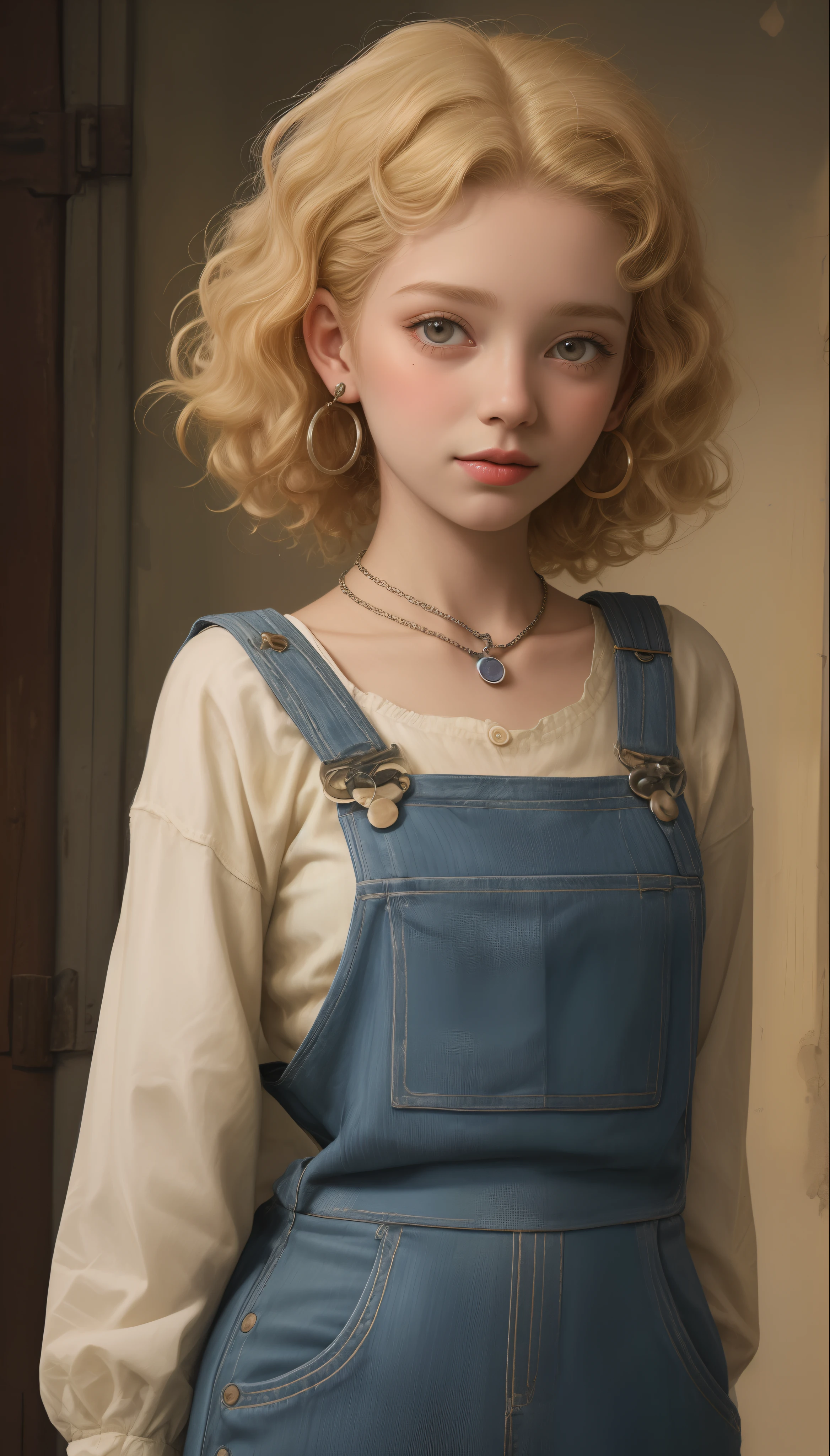 Portrait of a short curly blonde girl of 18 years wearing overalls from the 50s, suada com colar pulseira e brincos,Chuva , 8K Ultra realista