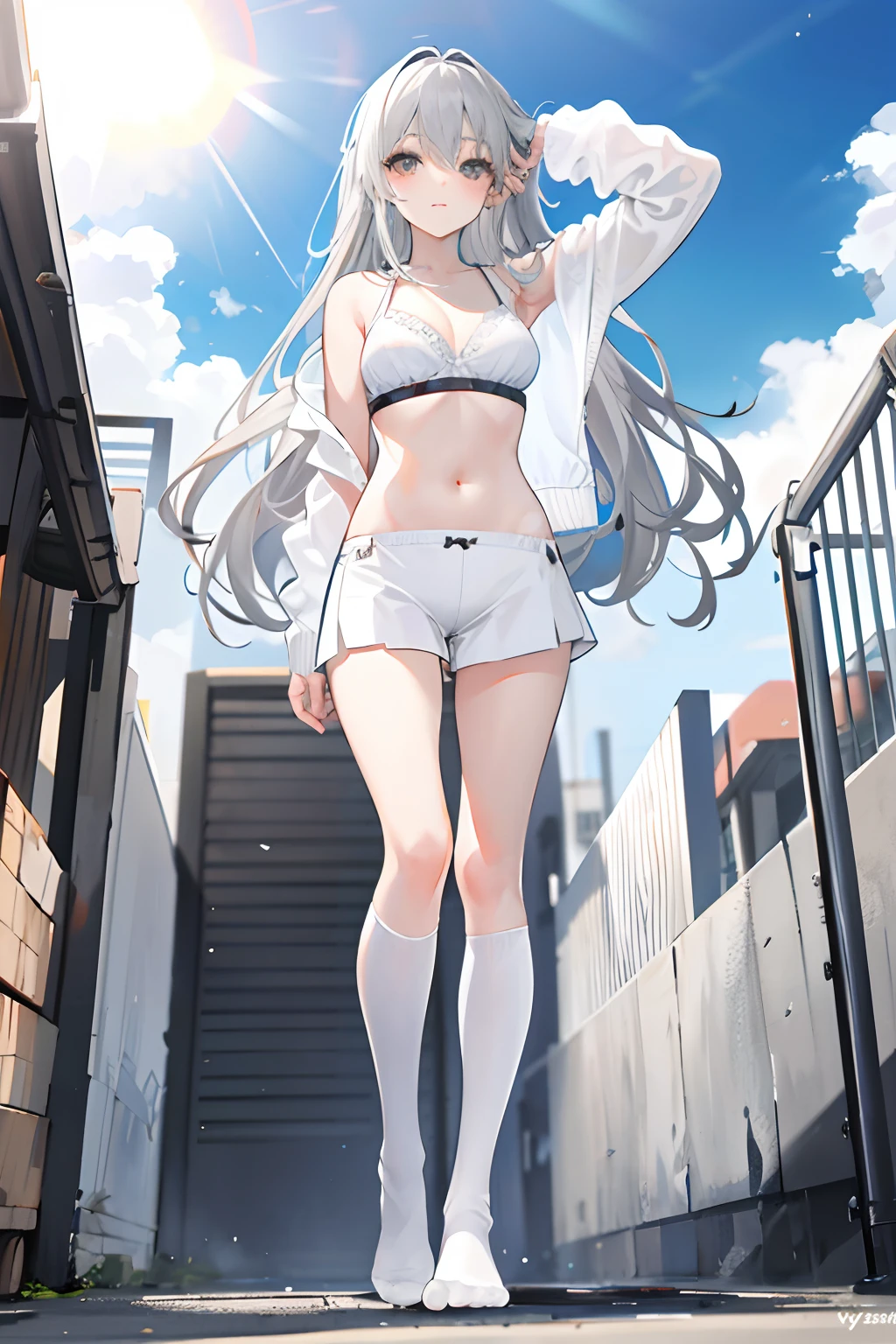 A girl,Gray hair ,The sun shines,Gray-black eyes,combed hair,long whitr hair,White bra,white panties,white legwear,hands behind body,standing on your feet,full bodyesbian