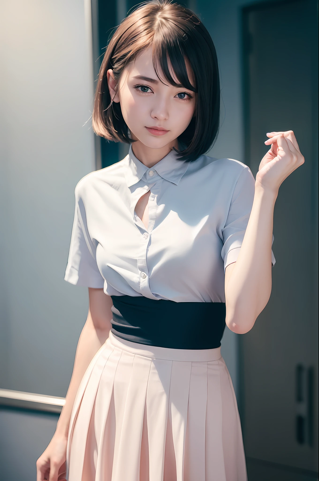 (8k、top-quality、masterpiece:1.2)、(realisitic、Photorealsitic:1.37)、ultra-detailliert、Soft light、top-quality、超A high resolution、HDR raw photos、Sharp Focus、and intricate textures、Skin defects、One Girl、kawaii、soio、Beautiful fine sky、Small Cafe、Open windows、leaning against the wall、date、red blush、(smile:1.15)、(Mouth closure)、small tits、Beautiful fineness、Beautiful fine nose、Sateen、(short-hair) :1.5)、Floating hair NovaFrogStyle、((Relaxing Pose))、silber hair、Unkempt hair、Squint、tthin eyebrows、Adult face、Full Shot Body、((shirt with collar、skirt by the)), Dark studio, Rim lighting,Blue light, long legged,
