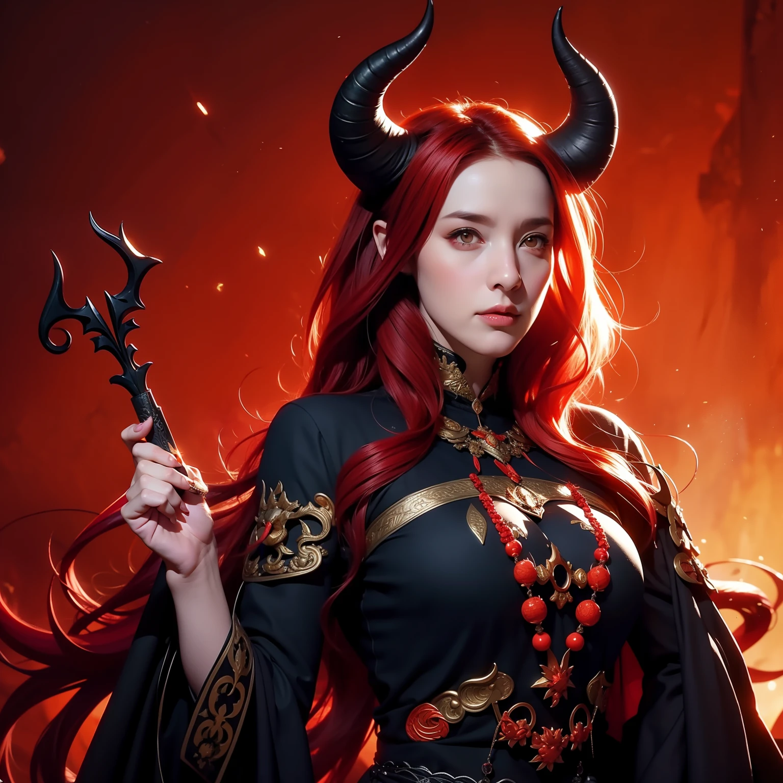 Dragon woman, black horns, red hair, medieval background, orange eyes, pair of black horns, one woman, horns, Holding a wand in one hand, horns
