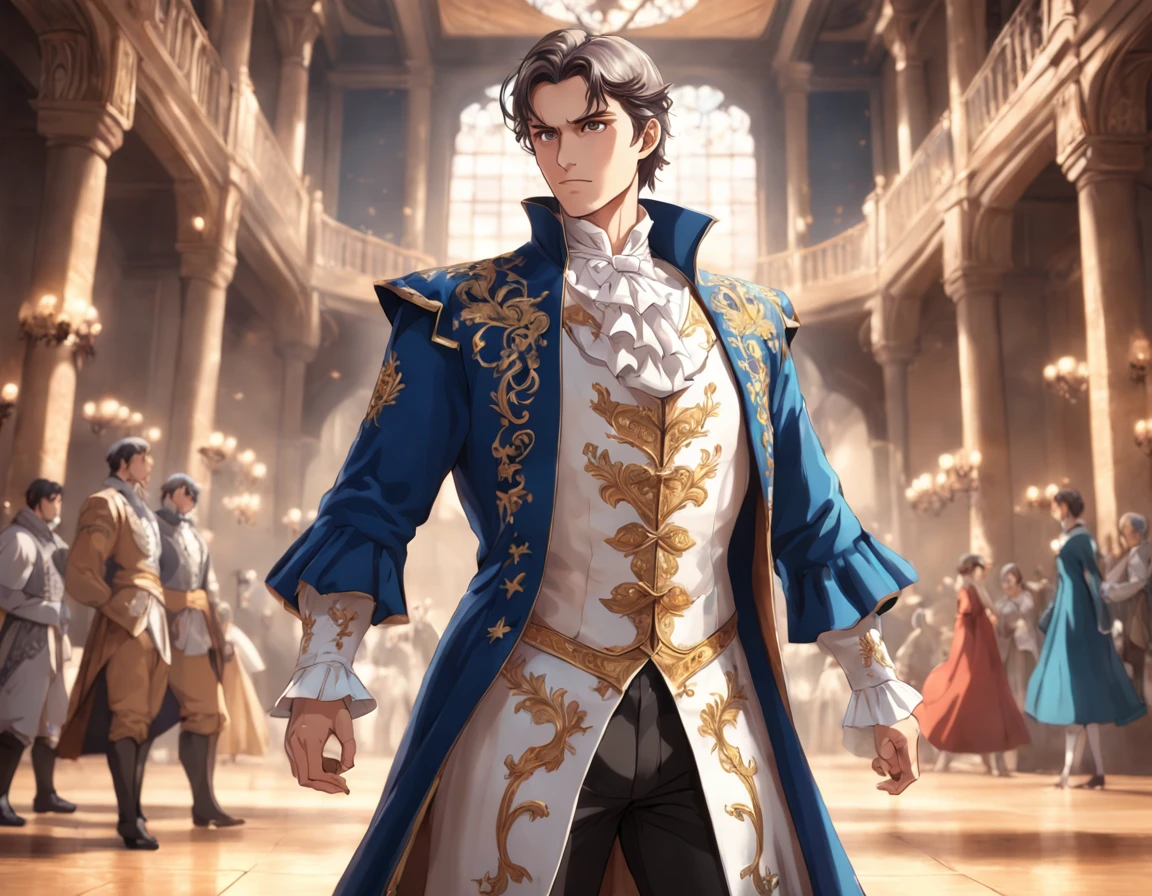 European aristocratic man in fantasy medieval ballroom costume, full body, photorealistic, highly detailed, elegant, soft daylight, unique concept, sharp focus, 8k