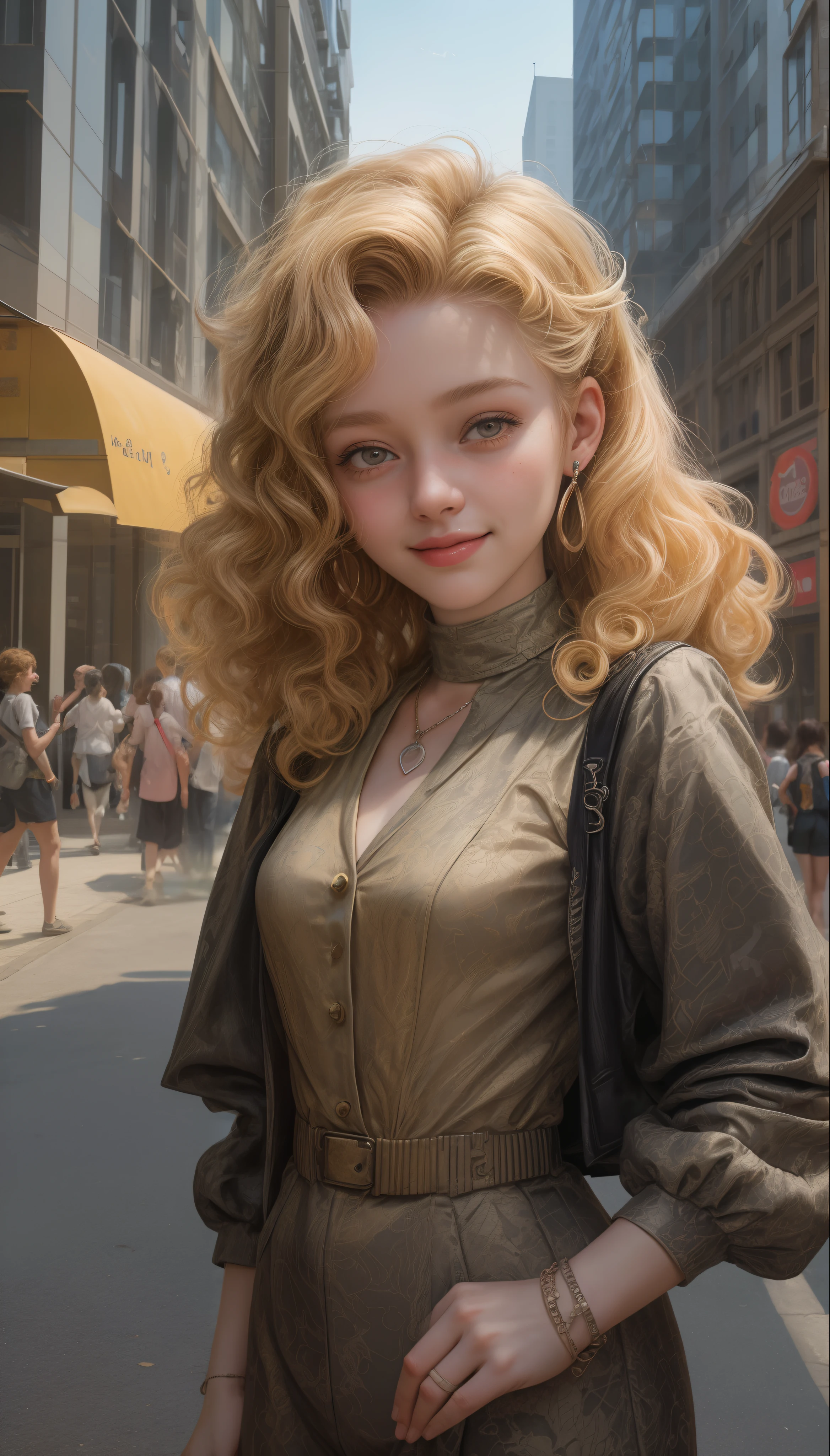 Portrait of a short curly blonde 18-year-old girl wearing 50's jumpsuit, sorrindo, suada com colar pulseira e brincos , 8K Ultra realista, in a city with several buildings, ensolarada