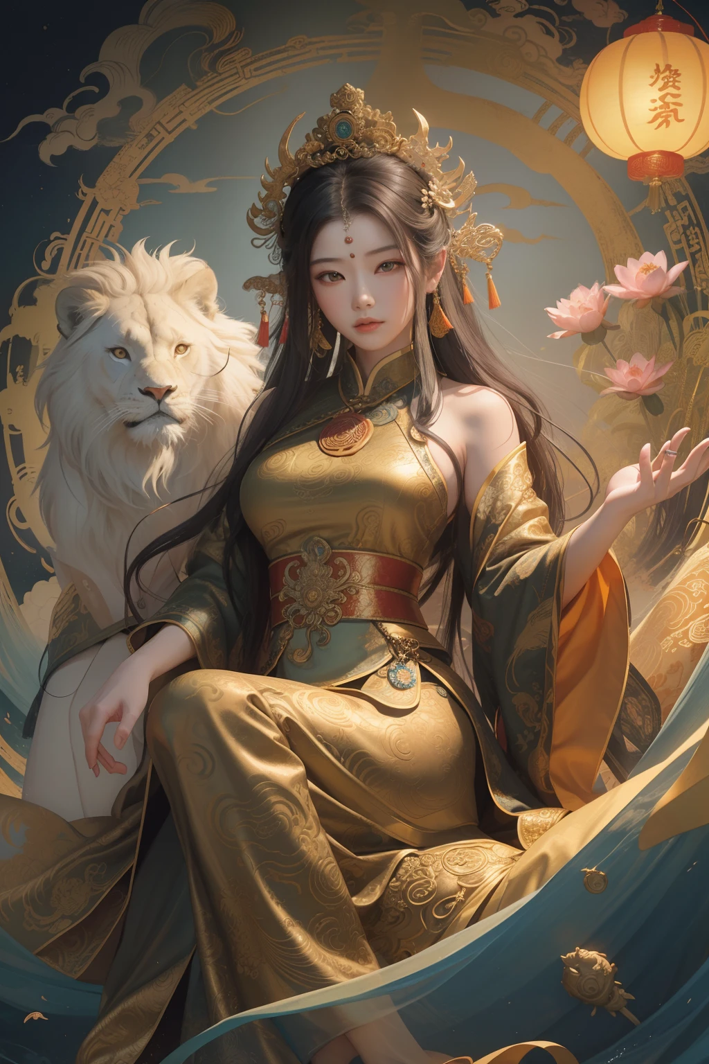 an ancient Chinese goddess, guanyin of the southern seas, Guanyin, Inspired by China, Avalokiteshvara rides a lion,,Serene expression,shui mo hua,Buddha,Buddhist,Lotus,Chinese painting style,Thangka style