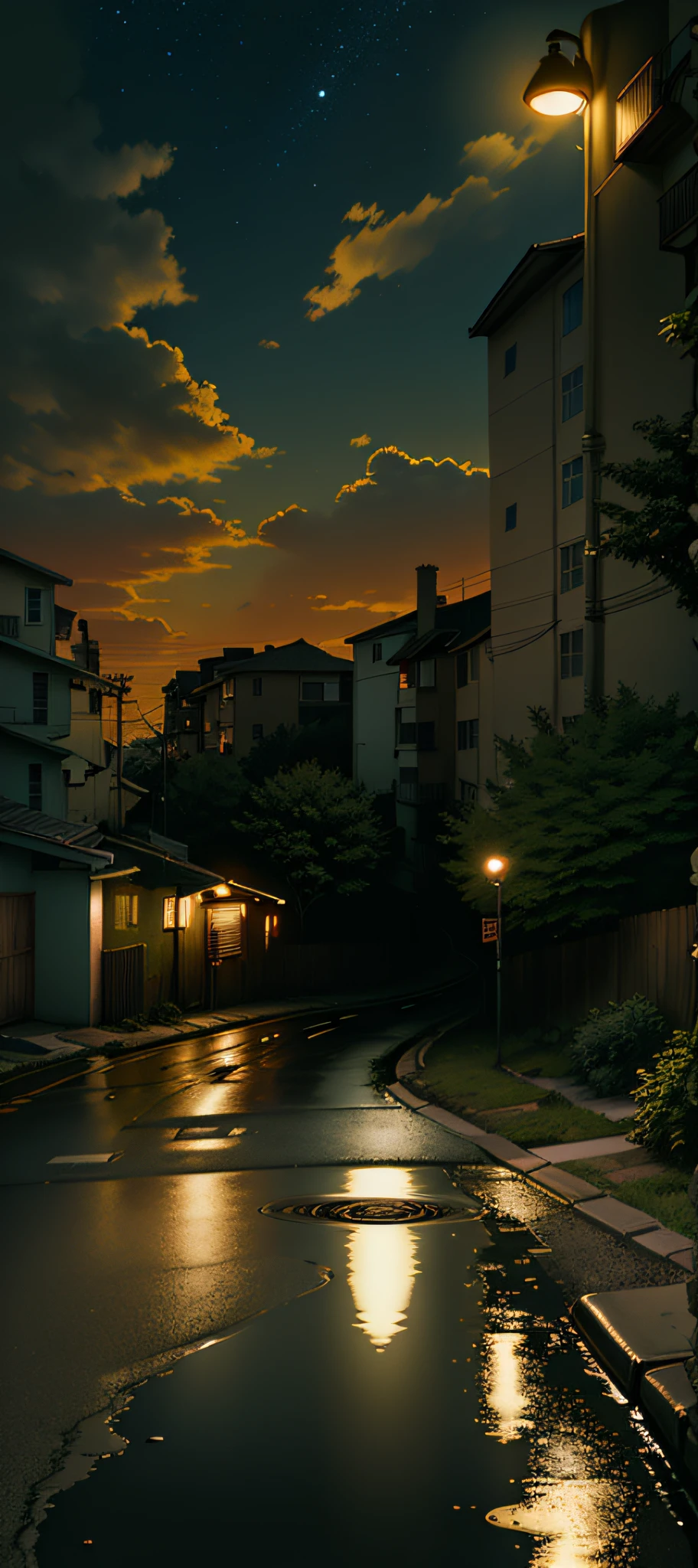 In the distance there is a street with buildings and street lights,residential neighborhoods,Overlooking the street,Lights on the street,Lights of all homes,Streets at night,dusk on the city street,View from the street,City streets at dusk,City streets at night,it's night time,On the streets at night,non blurry, with glowing lights at night,There are street lights on the side of the road, very bright, and reflections on the walls and on the ground
