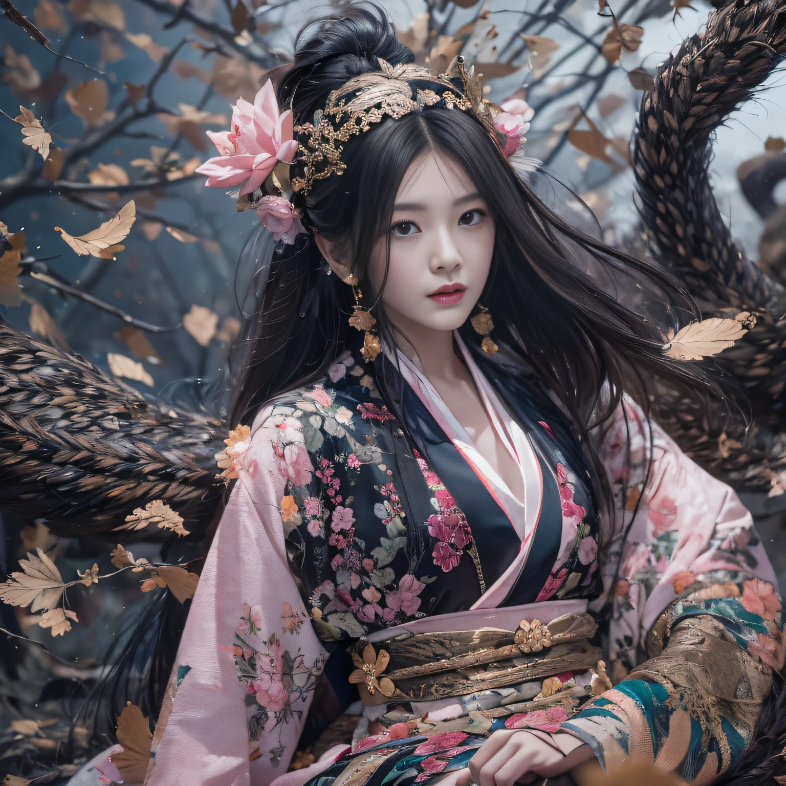 32K(tmasterpiece,k hd,hyper HD,32K)Long flowing black hair,ponds,zydink, a color, Xuzhou people (Silly girl), (Silk scarf), Combat posture, looking at the ground, long whitr hair, Floating hair, Carp pattern headdress, Chinese long-sleeved clothing, (abstract ink splash:1.2), Pink petal background,Pink and white lotus flowers fly(realisticlying:1.4),Black color hair,Fallen leaves flutter,The background is pure, A high resolution, the detail, RAW photogr, Sharp Re, Nikon D850 Film Stock Photo by Jefferies Lee 4 Kodak Portra 400 Camera F1.6 shots, Rich colors, ultra-realistic vivid textures, Dramatic lighting, Unreal Engine Art Station Trend, cinestir 800,Long flowing black hair