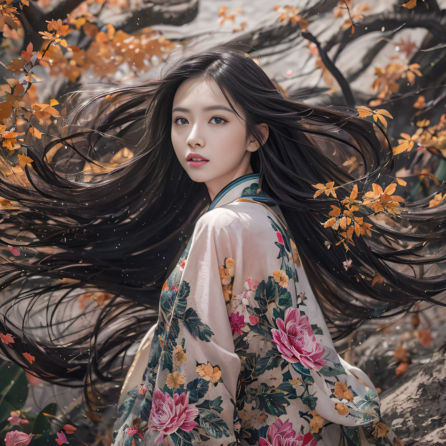 32K（tmasterpiece，k hd，hyper HD，32K）Long flowing black hair，ponds，zydink， a color，  Xuzhou people （Silly girl）， （Silk scarf）， Combat posture， looking at the ground， long whitr hair， Floating hair， Carp pattern headdress， Chinese long-sleeved clothing， （abstract ink splash：1.2）， Pink petal background，Pink and white lotus flowers fly（realisticlying：1.4），Black color hair，Fallen leaves flutter，The background is pure， A high resolution， the detail， RAW photogr， Sharp Re， Nikon D850 Film Stock Photo by Jefferies Lee 4 Kodak Portra 400 Camera F1.6 shots, Rich colors, ultra-realistic vivid textures, Dramatic lighting, Unreal Engine Art Station Trend, cinestir 800，Long flowing black hair