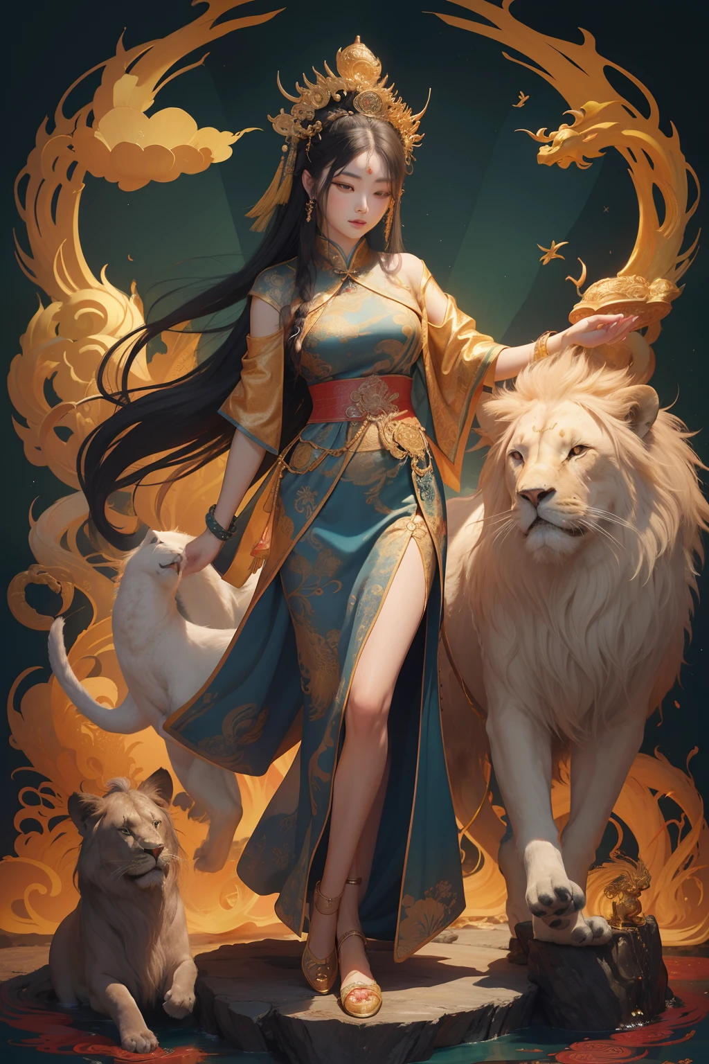 an ancient Chinese goddess, guanyin of the southern seas, Guanyin, Inspired by China, Avalokiteshvara rides a lion，,Serene expression,shui mo hua,Buddha,Buddhist,Lotus,Chinese painting style,Thangka style