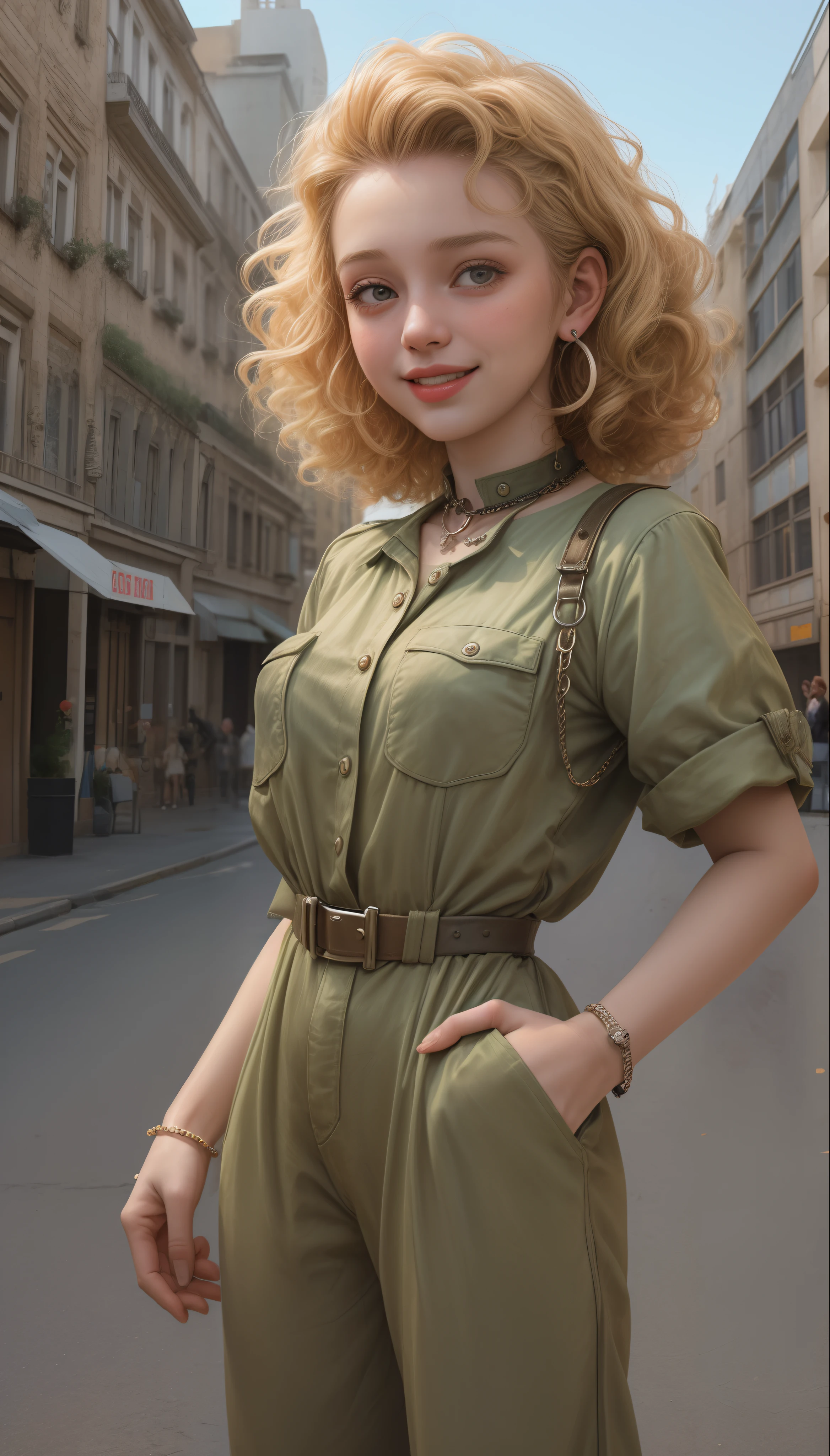 Portrait of a short curly blonde 18-year-old girl wearing 50's jumpsuit, sorrindo, suada  com colar pulseira e brincos , 8K Ultra realista, in a city with several buildings, ensolarada