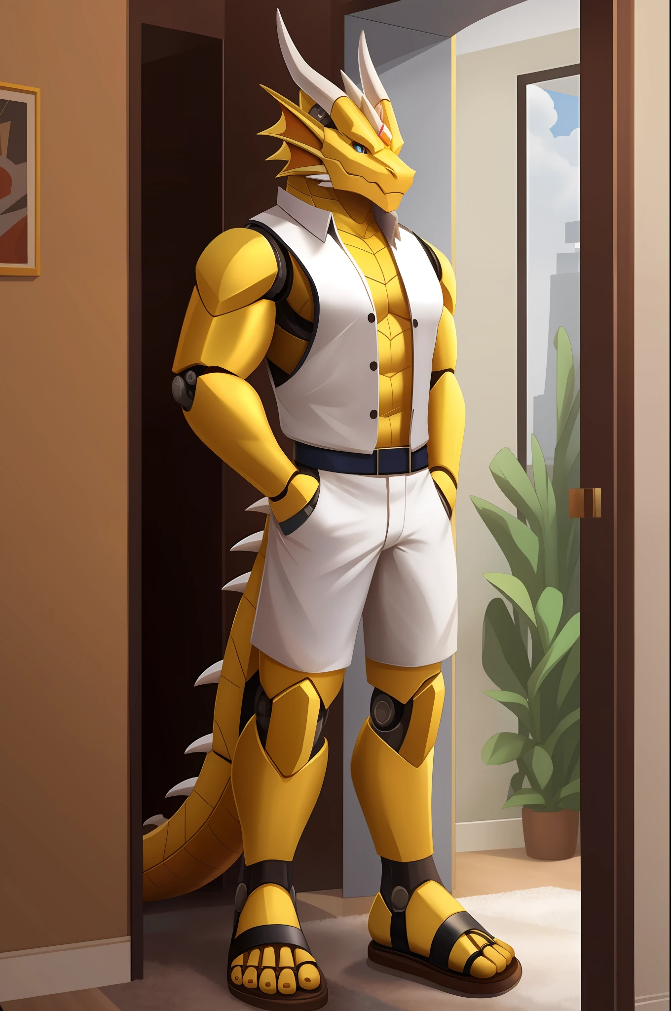 Robot dragon,Golden Dragon,Wearing a white vest,Standing in the apartment,Wear sandals。