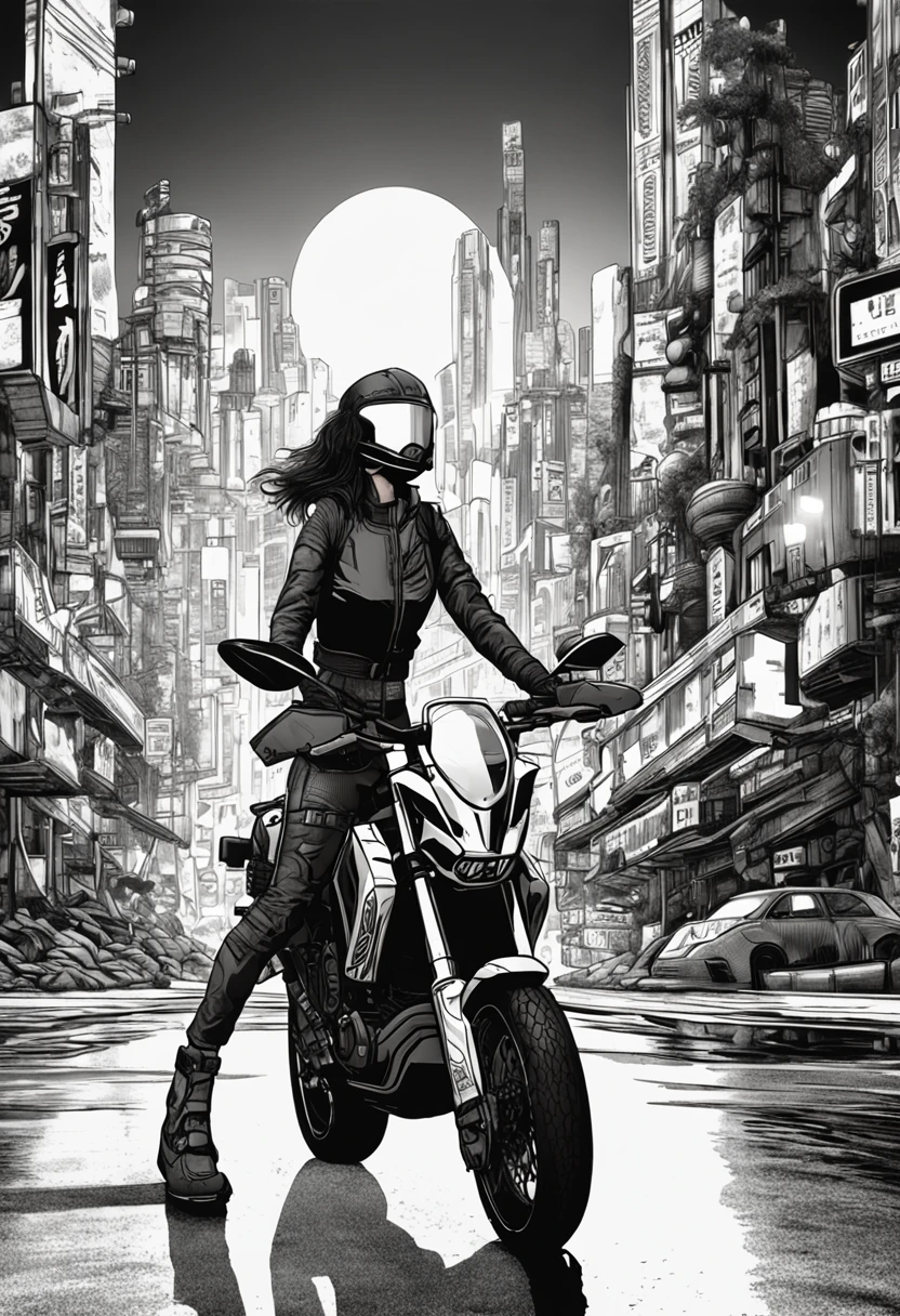 best quality, masterpiece, photo, 4K, photorealistic, highly detailed,
1girl riding motobike, techwear, cyberpunk city, solo, futuristic, huge moon in the background, black and white, by Akira Toriyama, closeup,