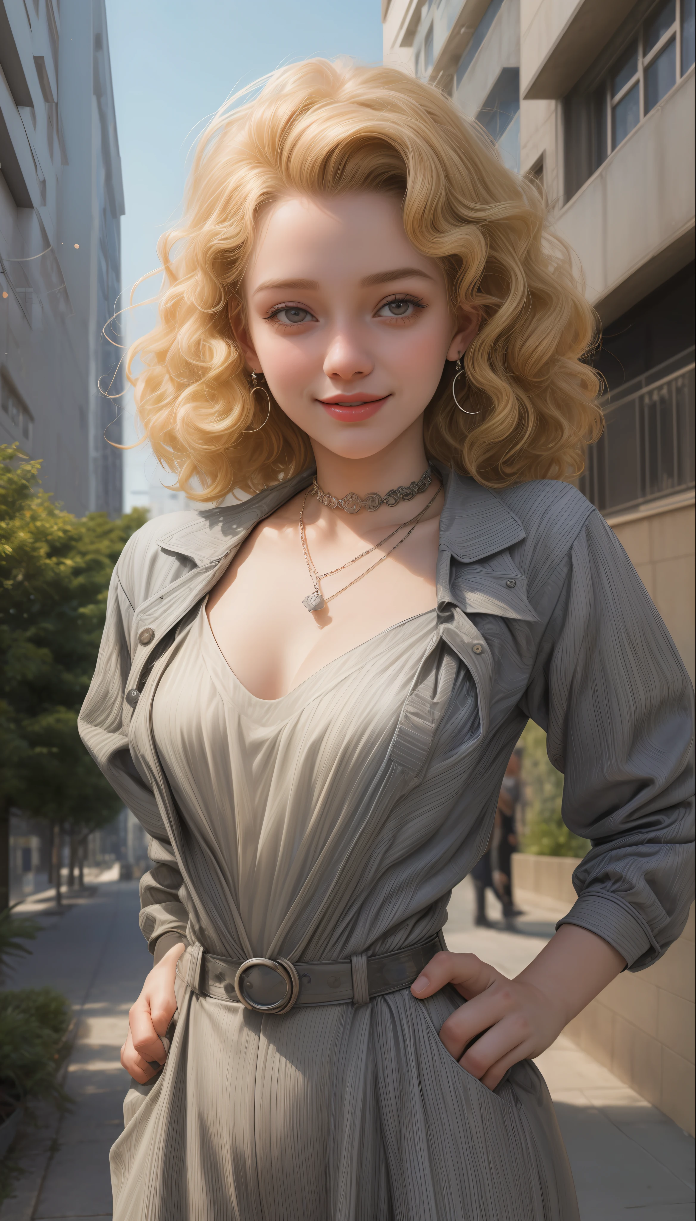 Portrait of a short curly blonde 18-year-old girl wearing 50's jumpsuit, sorrindo, suada  com colar pulseira e brincos , 8K Ultra realista, in a city with several buildings, ensolarada