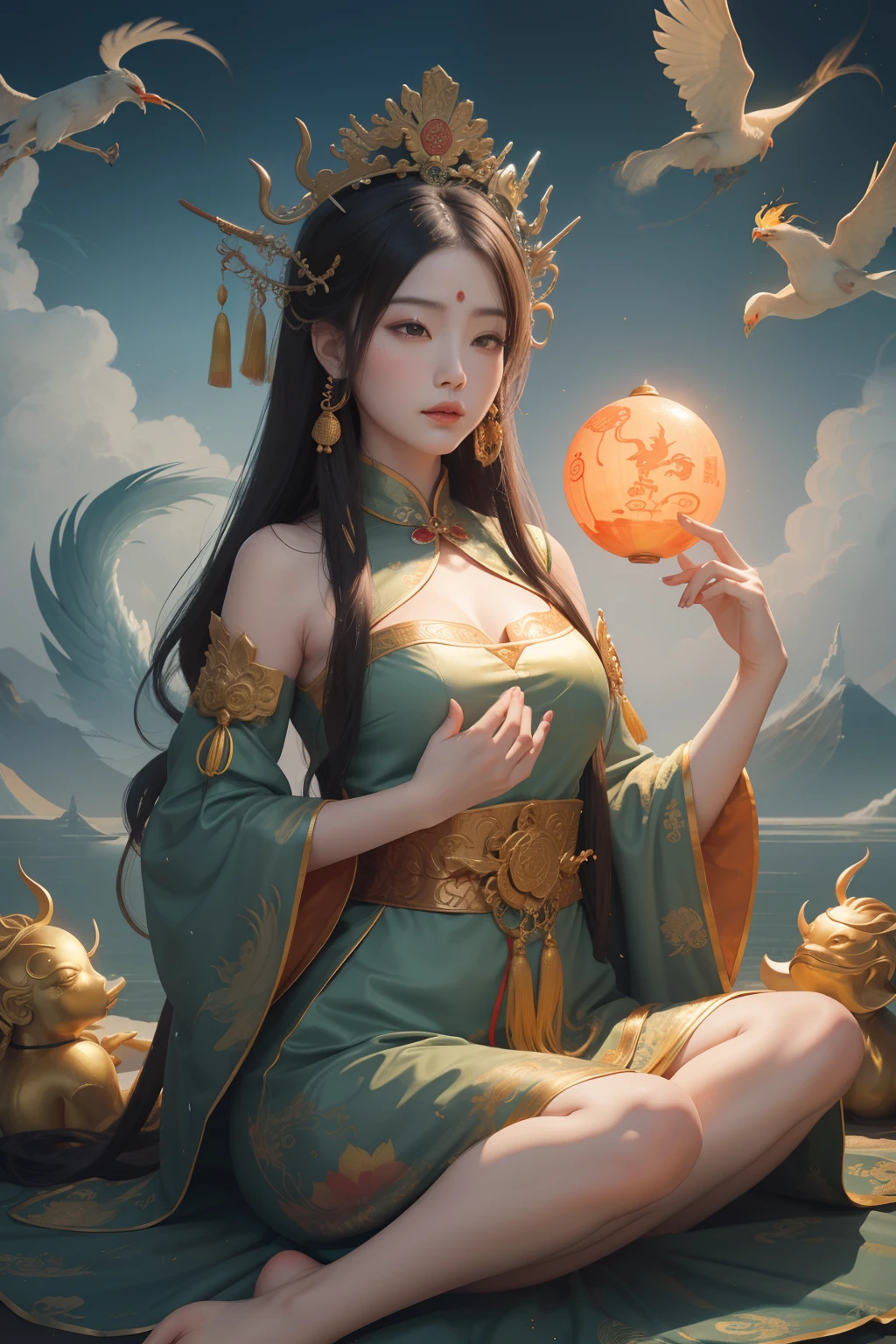 an ancient Chinese goddess, guanyin of the southern seas, Guanyin, Inspired by China, Avalokiteshvara rides a phoenix，,Serene expression,shui mo hua,Buddha,Buddhist,Lotus,Chinese painting style,Thangka style