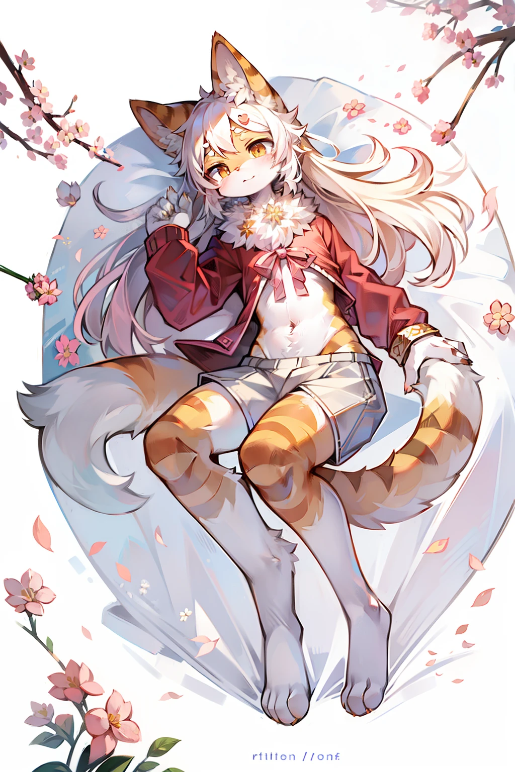 Furry,Cat cat,White body,Pink-orange stripes,White ears,There are white flowers on the forehead,eyes orange,A circle of flowers around the neck,Furry,There are clothes