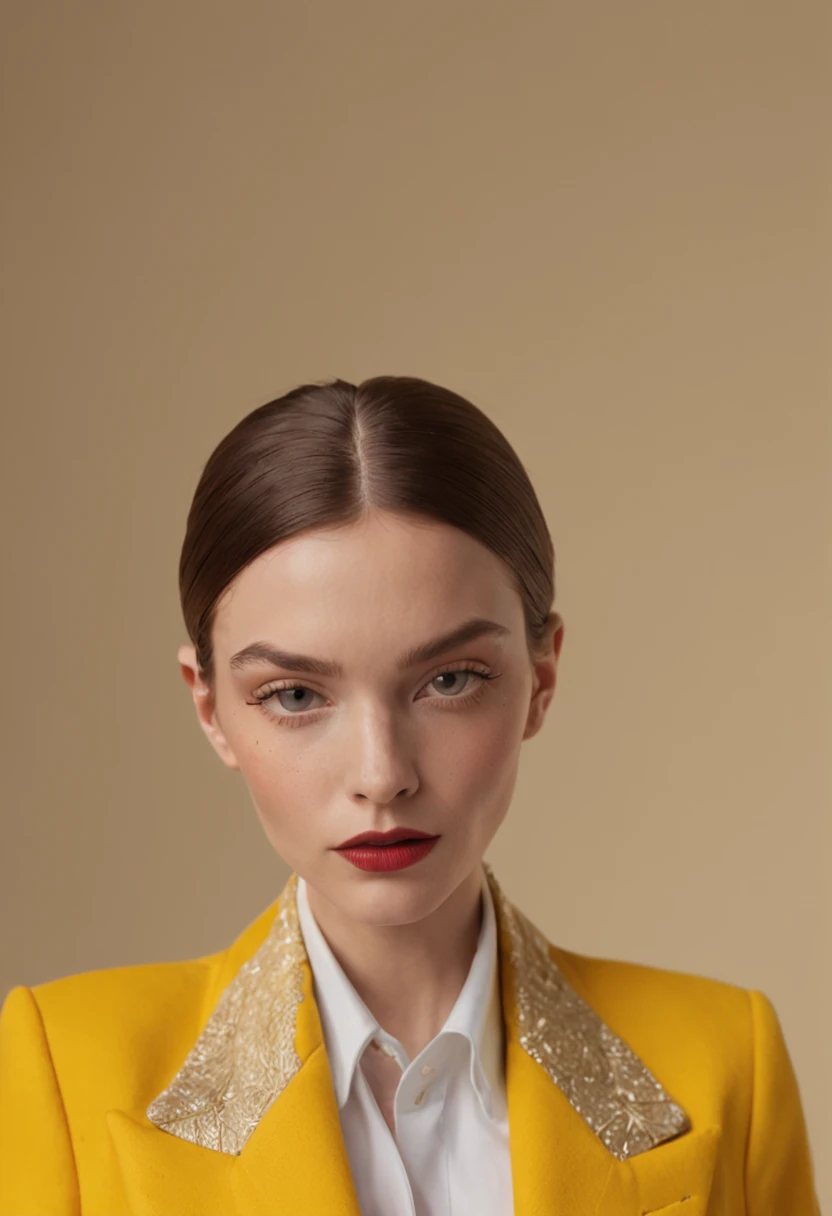 mulher 30 anos usando casaco amarelo, jaqueta de rapper, arte digital por Andrei Kolkoutine, trend in cg society, Arte Digital, Editorial Prada Oficial, Steven Klein, fotografia editorial, fotografia editorial, imagem editorial, Wes Anderson e Gucci, Moody : : Anderson Wes, fotografia de alta moda, Vogue Italy, lente amarela futurista, Editorial de Moda, Gucci, ((poster)), Vogue Italy, futuristic retro, editorial de moda, shot on Hasselblad H4D 200MS Digital Camera, (((ultra realistic))), (((super detalhado))), Foto Natural, filmed on a professional camera, Safra dos EUA, HDR, 8k.