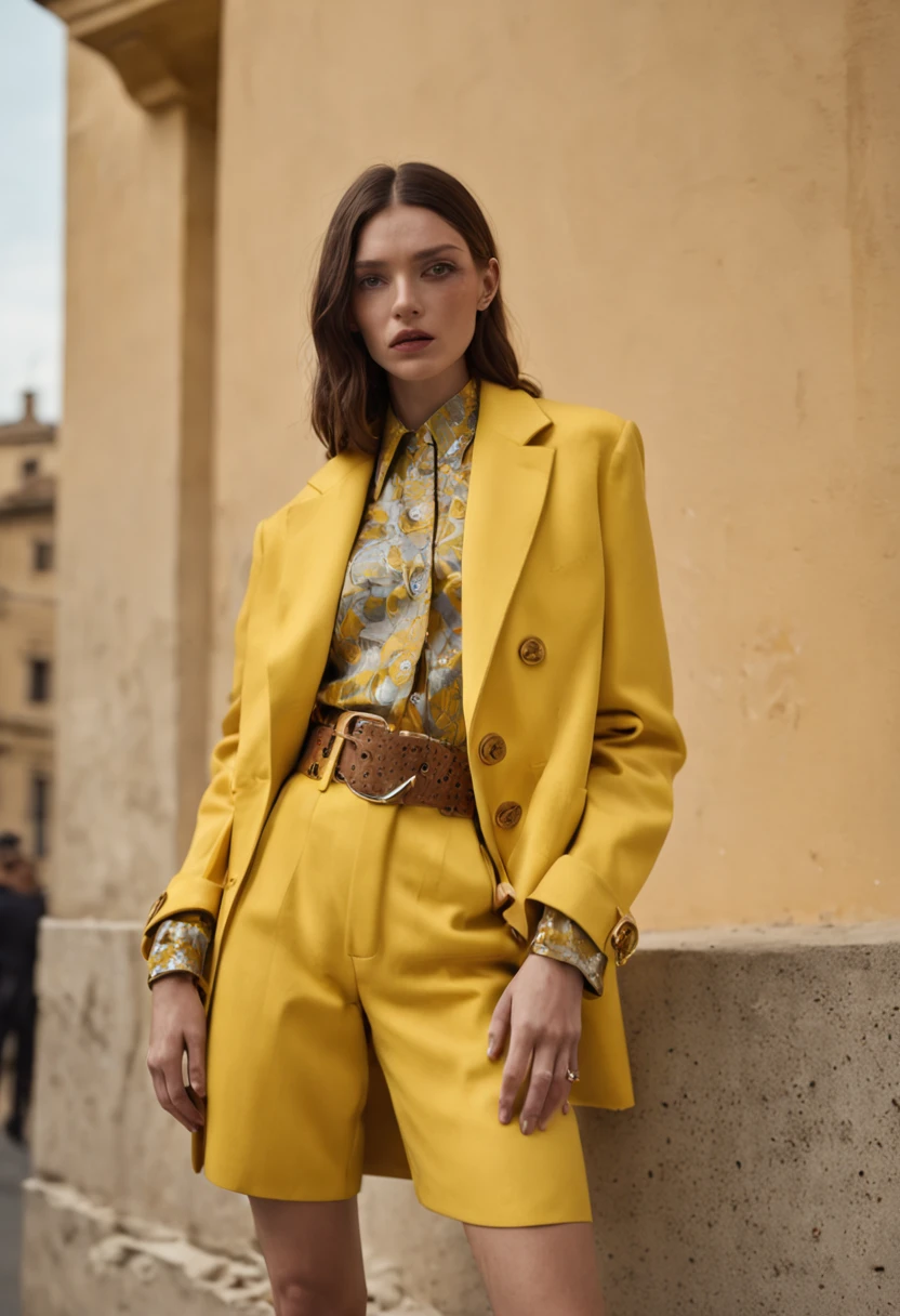 mulher 30 anos usando casaco amarelo, jaqueta de rapper, arte digital por Andrei Kolkoutine, trend in cg society, Arte Digital, Editorial Prada Oficial, Steven Klein, fotografia editorial, fotografia editorial, imagem editorial, Wes Anderson e Gucci, Moody : : Anderson Wes, fotografia de alta moda, Vogue Italy, lente amarela futurista, Editorial de Moda, Gucci, ((poster)), Vogue Italy, futuristic retro, editorial de moda, shot on Hasselblad H4D 200MS Digital Camera, (((ultra realistic))), (((super detalhado))), Foto Natural, filmed on a professional camera, Safra dos EUA, HDR, 8k.