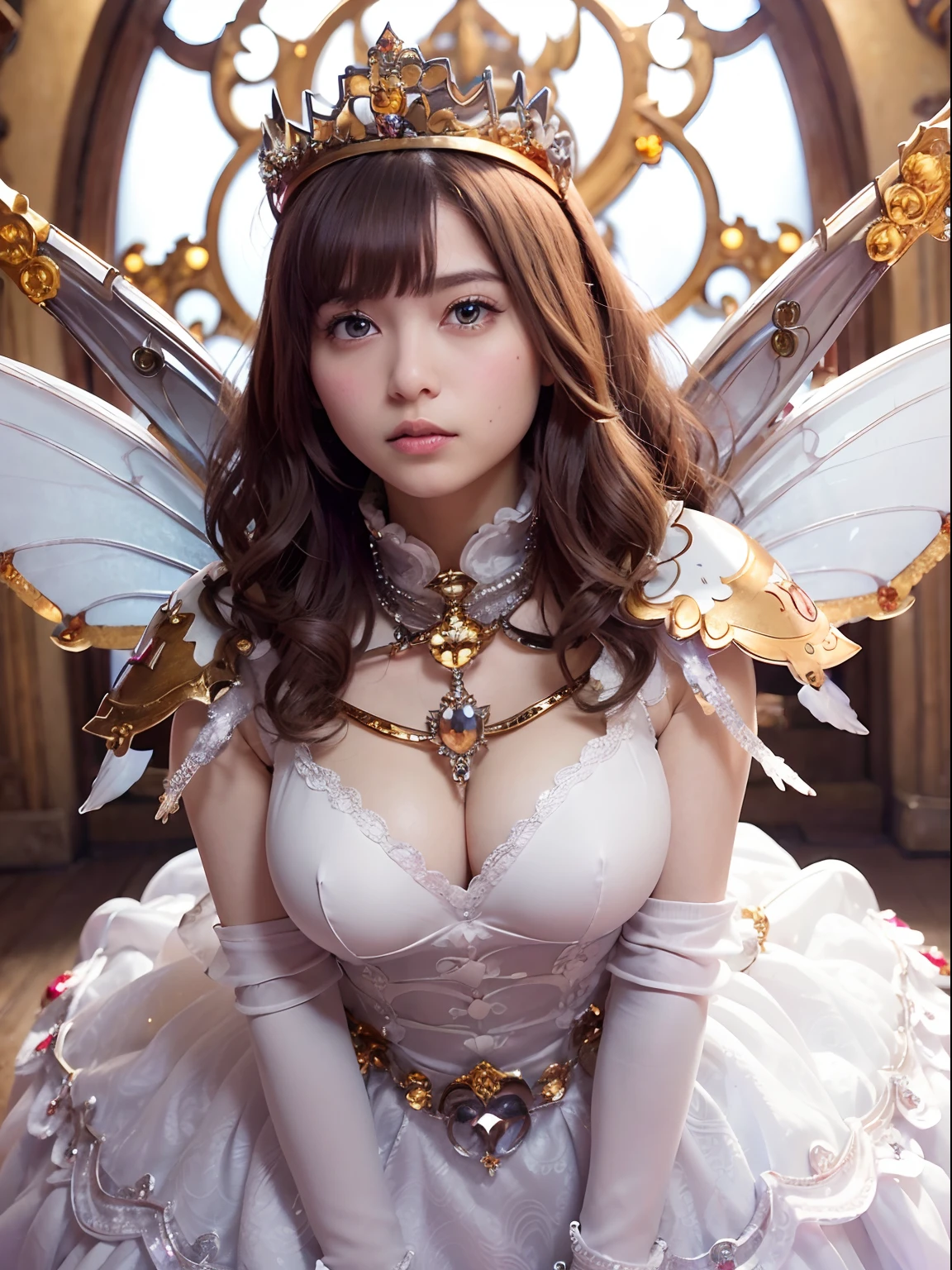 (masutepiece), Professional , ​masterpiece、top-quality、photos realistic , depth of fields （Gemstone Silver Metal Body:1.９),(Matte White、Jewel Gold Weapon、（Gorgeous castle background）、（ultimate beauty girl）、（Fairy wings grow on her back）、（Jewel Metal Body:1.９),Gorgeous Jewel Metal Weapons , Detailed Sword of the Brave ,（ a blond）   ,warhammer 40k , adepta sororitas,Detail and ornate jewel crown、独奏、Brown hair、（Gangle's forest background）、Beautiful Caucasian beauty、１a person、dynamic ungle,(((Diamond tiara with detail and luxury)))、a small face、Powerful poses、（Gorgeous castle background）、huge filesize、20 year old beautiful woman、Stand in the center of the screen、Thin female fingers、Straight long hair、Beautiful Caucasian beauty、cleavage of the breast、