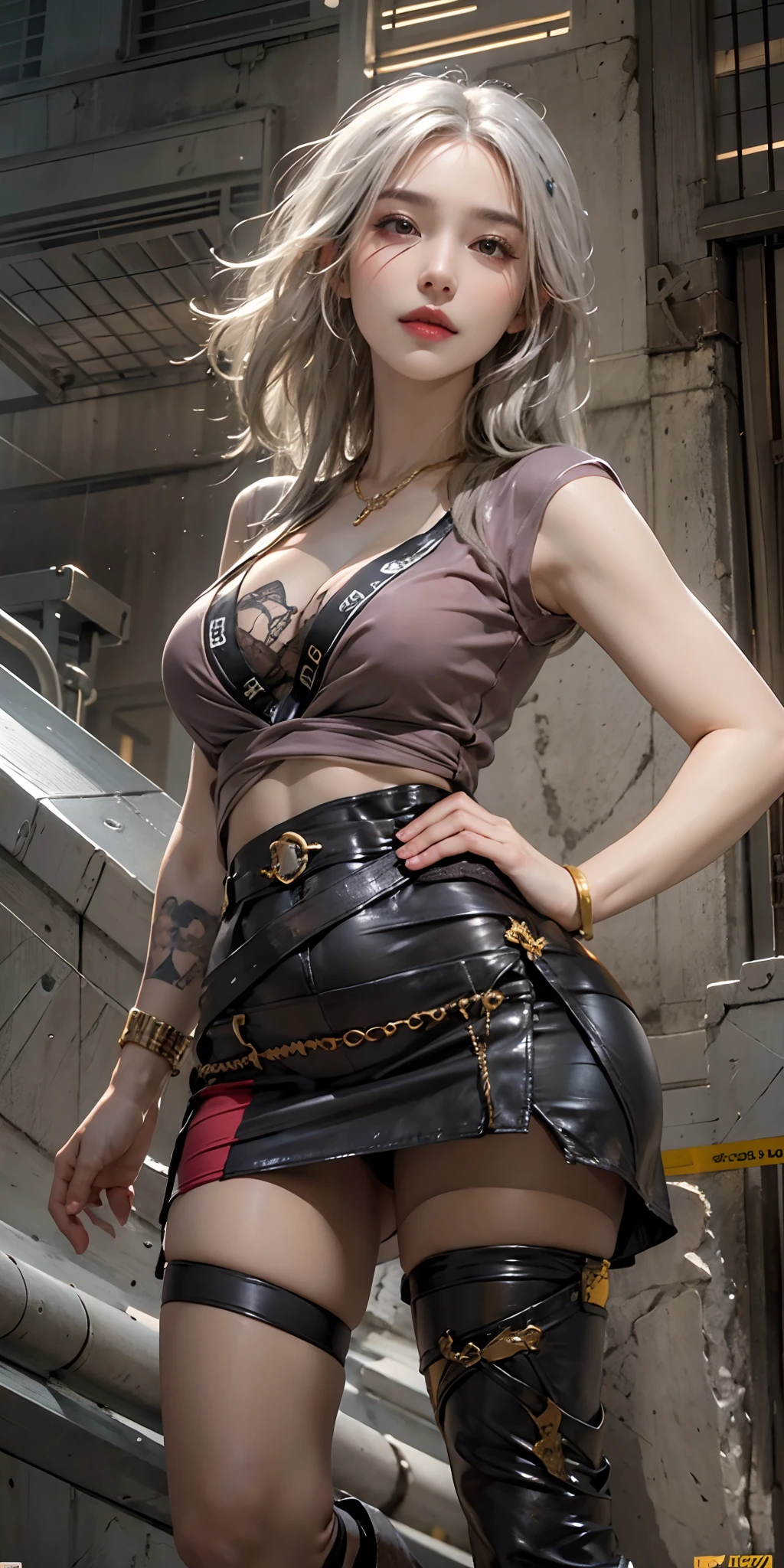 photorealistic, high resolution, soft light,1women, solo, hips up, shining skin, (detailed face),tattoo, jewelry, micro skirt, night, white wavy hair, Beautiful Soldier, Eyes That Invite Viewer, Lover's Perspective, Inviting Expression, Sexy Smile, Perfect Style, Perfect Balance, Detailed Skin, Naughty Gaze, Chest Visible