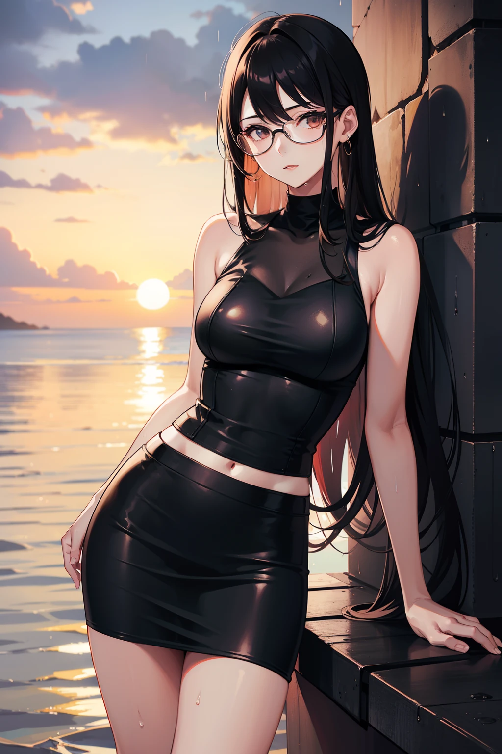 (1glasses girl:1.3, solo), (Audrey Hepburn:1.3), (a extremely pretty and beautiful Japanese woman), (sexy girl), (professional attire:1.3), (22 years old: 1.1), (walking on red carpet:1.3), (attractive random posing:1.3), (in the sunset royal garden:1.3), (looking straight at you:1.3), (starring at you:1.3), (front view:1.3), (from side:1.3), break, (ponytail:1.3), (shiny-black thin hair:1.2), bangs, dark brown eyes, beautiful eyes, princess eyes, (big eyes:1.3), bangs, wearing a glasses:1.3, Hair between eyes, short hair:1.3, (slender:1.1), (small-medium-breasts:0.95), (thin waist: 1.15), (detailed beautiful girl: 1.4), Parted lips, Red lips, full-make-up face, (shiny skin), ((Perfect Female Body)), (upper body image:1.3), Perfect Anatomy, Perfect Proportions, (most beautiful Korean actress face:1.3, extremely cute and beautiful Japanese actress face:1.3), BREAK, (View viewer, wearing a lovely bitch cordinate, (insanely detailed yellow camisole dress:1.3), (white sleeveless top:1.3), (pin-heels:1.3), detailed clothes, BREAK, (detailed royal sunset flower garden background:1.2), (splash playing blue butterflies background:1.2), (Studio soft lighting: 1.3), (fake lights: 1.3), (backlight: 1.3), BREAK, (Realistic, Photorealistic: 1.37), (Masterpiece, Best Quality: 1.2), (Ultra High Resolution: 1.2), (RAW Photo: 1.2), (Sharp Focus: 1.3), (Face Focus: 1.2), (Ultra Detailed CG Unified 8k Wallpaper: 1.2), (Beautiful Skin: 1.2), (pale Skin: 1.3), (Hyper Sharp Focus: 1.5), (Ultra Sharp Focus: 1.5), (Beautiful pretty face: 1.3), (super detailed background, detail background: 1.3), Ultra Realistic Photo, Hyper Sharp Image, Hyper Detail Image,