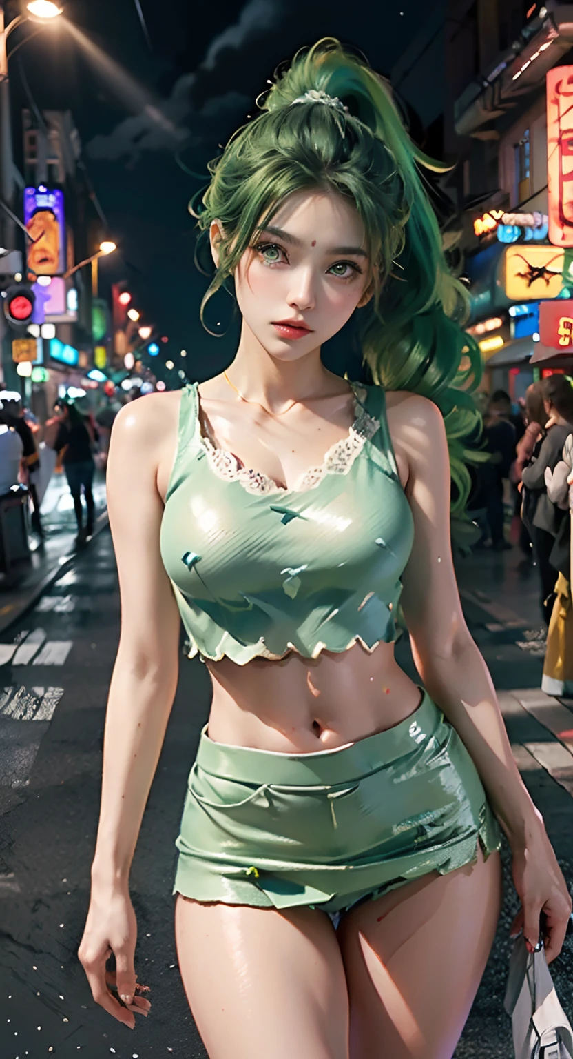 rialistic photo、An ultra-high picture quality、Picture-like images、、Girl YouTuber,(((1girl in))),((Very cute beautiful green curly ponytail girl walking down the street)),Ultra mini skirt、a miniskirt、
(short chest:1.4),(((Green curly hair:1.35,Very curly hair,Colored inner hair,Ear breathing,Ponytail hair))),((Green eyes:1.3,upward-eyed:1.3,Perfect eyes,Beautiful detailed eyes,Rainbow shines ultra-detailed yellow-green eyes:1.1,Gradient Eyes:1,finely detailed beautiful eye:1,Symmetrical eyes:1,big highlight on eyes:1.2)),((Fat)),(((Lustrous skin:1.5,bright skin: 1.5,skin tanned,Shiny skin,Very shiny skin,Shiny body,plastic glitter skin,exaggerated shiny skin))),delicate detailed fingers,Detailed body,detailed arms,Human Hands,(Detailed face)),
Cute,sluttish,Seductive,Erotic,(((NSFW))),
zettai ryouiki,Revealing clothing,Show skin,((Ultra Miniskirt,beautiful thigh、beautiful boob、Beautiful navel、Beautiful collarbone、Beautiful armpits、Beautiful miniskirts、Visible lace strap,Tank top with anime girl print and white shorts)),(detailed costume,detailed clothes),
(Dynamic Pose:1.0),Solo Focus,embarrassed,Centered,scale to fit the dimensions,thirds rule,
Outdoors,((Night view)),(Neon synth waves in a very beautiful city,Cyberpunk Night Street Background:1.5,dark sky,Thick clouds),Vehicles of the future,((Neon light)),Thick clouds,(Cyberpunk style,Neon light, (Synthwave theme background), Lonely street),(((Detailed background:1.25))),
(Best Quality),(High resolution),(Sharp Focus),(ultra-detailliert),(Extremely detailed),(Very high quality artwork),8K_Wallpaper,(8K HDTV CG),(Very fine 8K CG),((hyper super ultra detailed perfect piece)),flawless,(((masutepiece))),Illustration,Vibrant colors,(Convoluted),High contrast,Selective lighting,double exposure,nffsw (High dynamic range),Post-processing,Background blur,