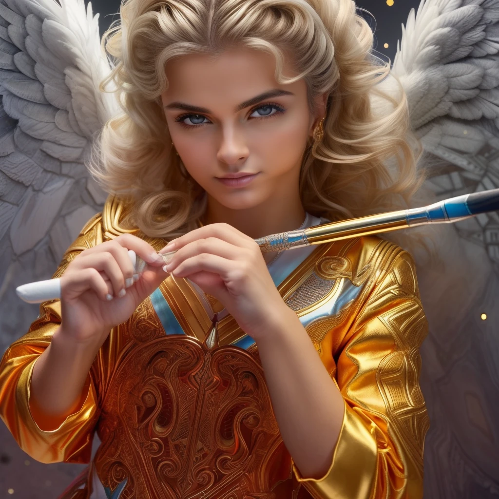 ((Male Custodian Angel. 19 years old))) ((( Con una cara seria y piadosa. Con una mirada dulce y tierna))) (obra maestra, calidad superior, mejor calidad, arte oficial, beautiful and aesthetic: 1.2), (1girl), extremadamente detallado, (Arte fractal: 1.3), colorido, highest detailed, Cara perfecta, parte superior del cuerpo, HDR, (orando: 1.3), (golden lines of white coat: 1.2), galaxia, (rayas de luz), eye-catching visuals, (dynamic stripes, senderos luminosos: 1.2), colores vibrantes,
