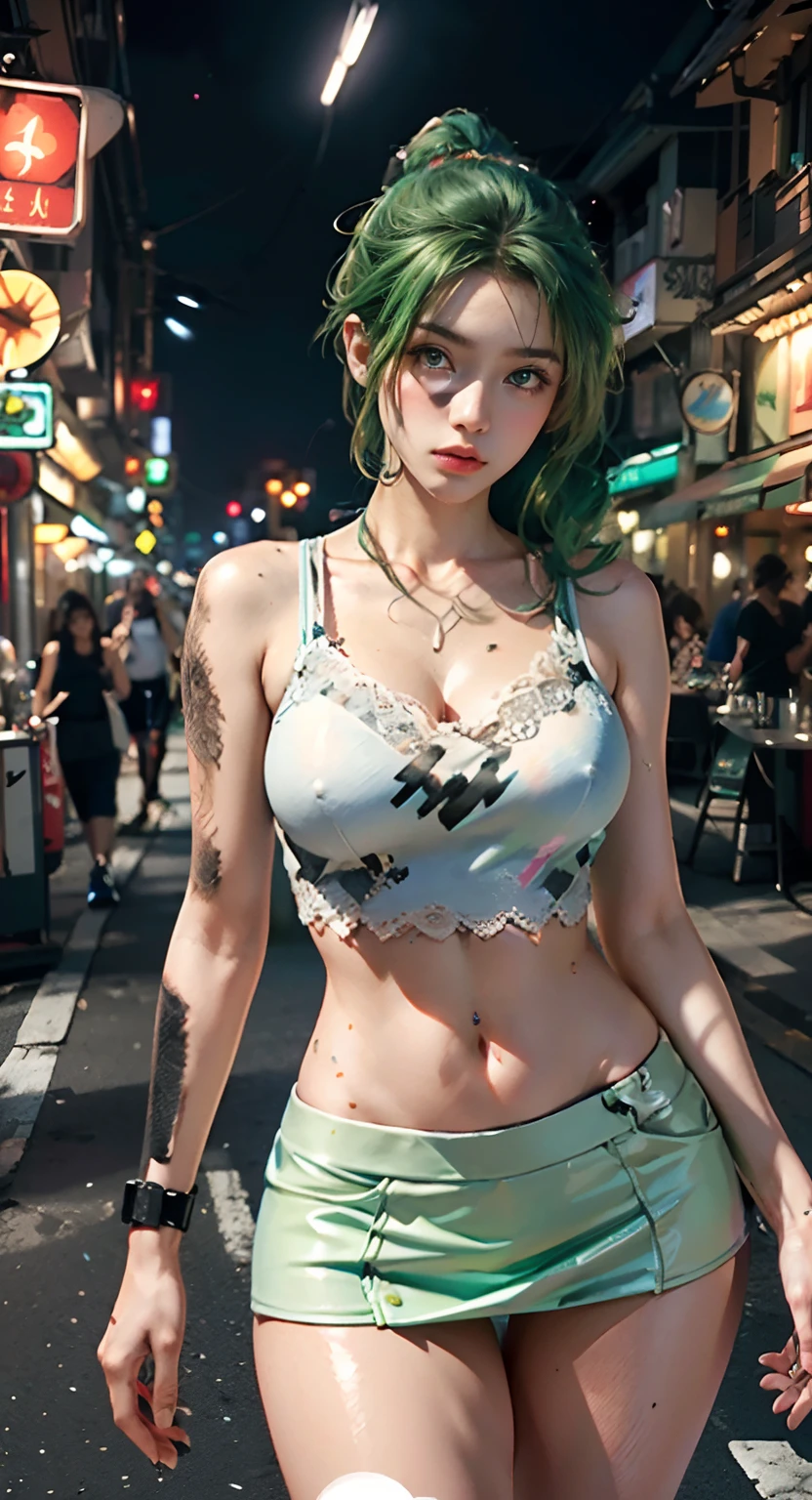 rialistic photo、An ultra-high picture quality、Picture-like images、、Girl YouTuber,(((1girl in))),((Very cute beautiful green curly ponytail girl walking down the street)),Ultra mini skirt、a miniskirt、
(short chest:1.4),(((Green curly hair:1.35,Very curly hair,Colored inner hair,Ear breathing,Ponytail hair))),((Green eyes:1.3,upward-eyed:1.3,Perfect eyes,Beautiful detailed eyes,Rainbow shines ultra-detailed yellow-green eyes:1.1,Gradient Eyes:1,finely detailed beautiful eye:1,Symmetrical eyes:1,big highlight on eyes:1.2)),((Fat)),(((Lustrous skin:1.5,bright skin: 1.5,skin tanned,Shiny skin,Very shiny skin,Shiny body,plastic glitter skin,exaggerated shiny skin))),delicate detailed fingers,Detailed body,detailed arms,Human Hands,(Detailed face)),
Cute,sluttish,Seductive,Erotic,(((NSFW))),
zettai ryouiki,Revealing clothing,Show skin,((Ultra Miniskirt,beautiful thigh、beautiful boob、Beautiful navel、Beautiful collarbone、Beautiful armpits、Beautiful miniskirts、Visible lace strap,Tank top with anime girl print and white shorts)),(detailed costume,detailed clothes),
(Dynamic Pose:1.0),Solo Focus,embarrassed,Centered,scale to fit the dimensions,thirds rule,
Outdoors,((Night view)),(Neon synth waves in a very beautiful city,Cyberpunk Night Street Background:1.5,dark sky,Thick clouds),Vehicles of the future,((Neon light)),Thick clouds,(Cyberpunk style,Neon light, (Synthwave theme background), Lonely street),(((Detailed background:1.25))),
(Best Quality),(High resolution),(Sharp Focus),(ultra-detailliert),(Extremely detailed),(Very high quality artwork),8K_Wallpaper,(8K HDTV CG),(Very fine 8K CG),((hyper super ultra detailed perfect piece)),flawless,(((masutepiece))),Illustration,Vibrant colors,(Convoluted),High contrast,Selective lighting,double exposure,nffsw (High dynamic range),Post-processing,Background blur,