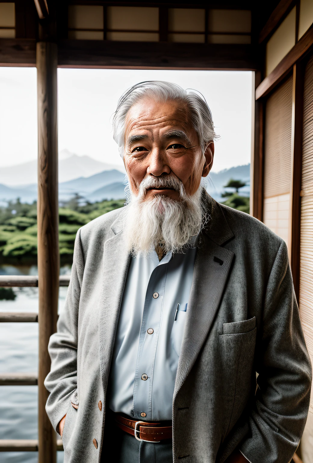an old Japanese man with a long beard hyper realistic, in a dusty basement with lots of cobwebs in the corners and several inverted crucifixes hanging from the ceiling, image photorealistic