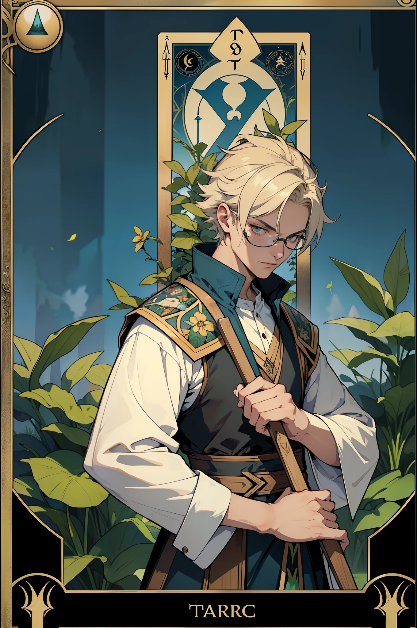 tarot cards,Full tarot border,(best images quality),(The image is surrounded by a tarot card-style border:1.5),(8k wallpaper),(best images quality),(Extremely detailed description),tarot card art,tarot card art, tarot design, Male sideways,(Handheld small shovel),Handsome boy,gardener,green shades,blue-sky,Bokeh background,gardening((Handheld gardening shovel;2),quadratic element,2.5D,Gardening scissors,A half body,Tarot border,highres,Game cards,Full metal bezel,Gardening scissors,Spread the screen,Lots of detail,