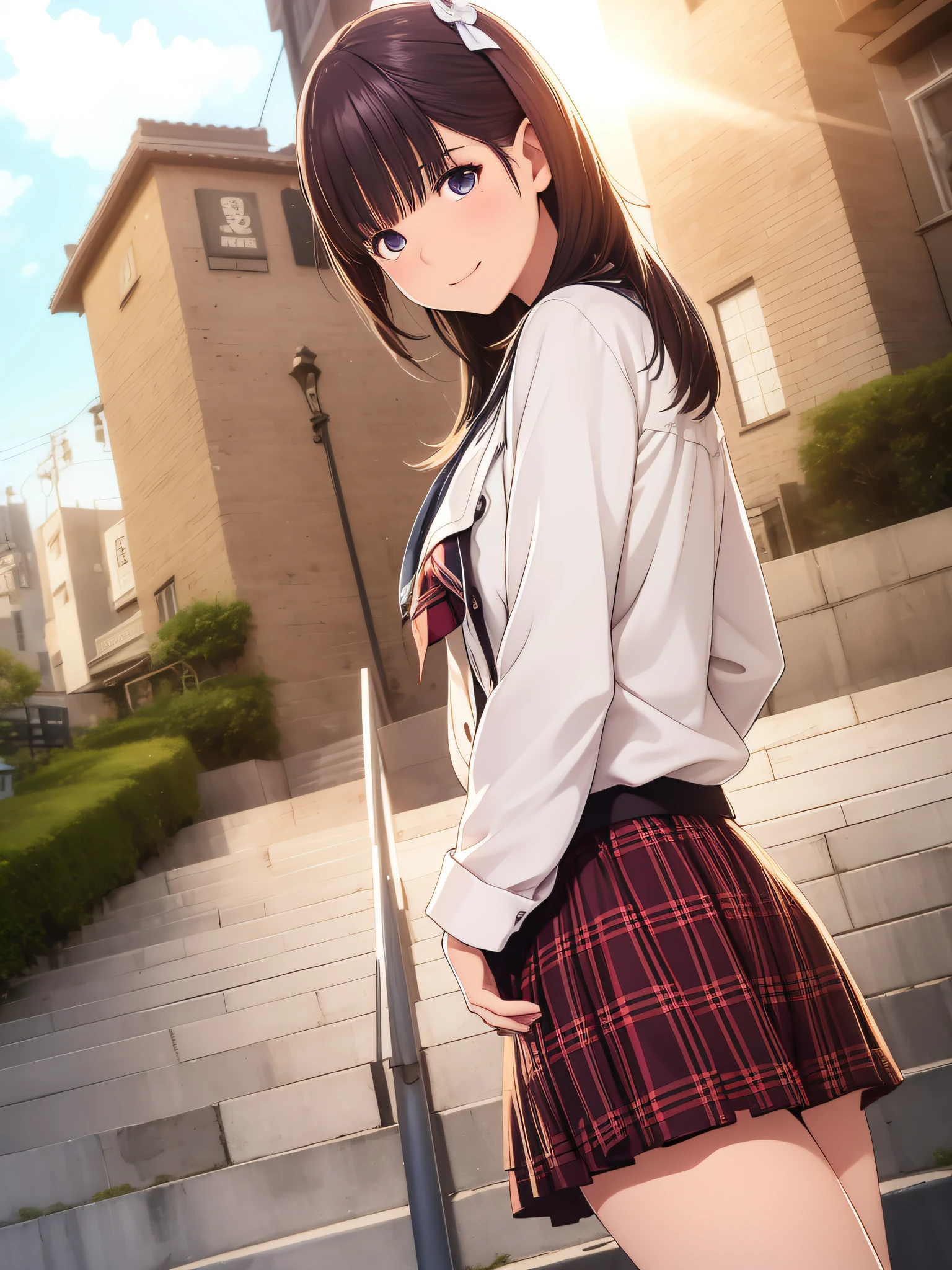 hight resolution,8K,Best Quality,detaileds,semi - realistic anime,Anime 3D Style,Smooth Anime CG,1 girl in,18-year-old woman in Japan,slim,modeled,shiny chestnut hair,Medium Hair,Detailed face,Beautiful and detailed eyes,Glowing skin,randome pose,Light purple short-sleeved knit,Plaid flared skirt,Brick cityscape in the background,Climbing stairs,photographed from the back,low angles,Background blur,The wind is blowing,huge smile