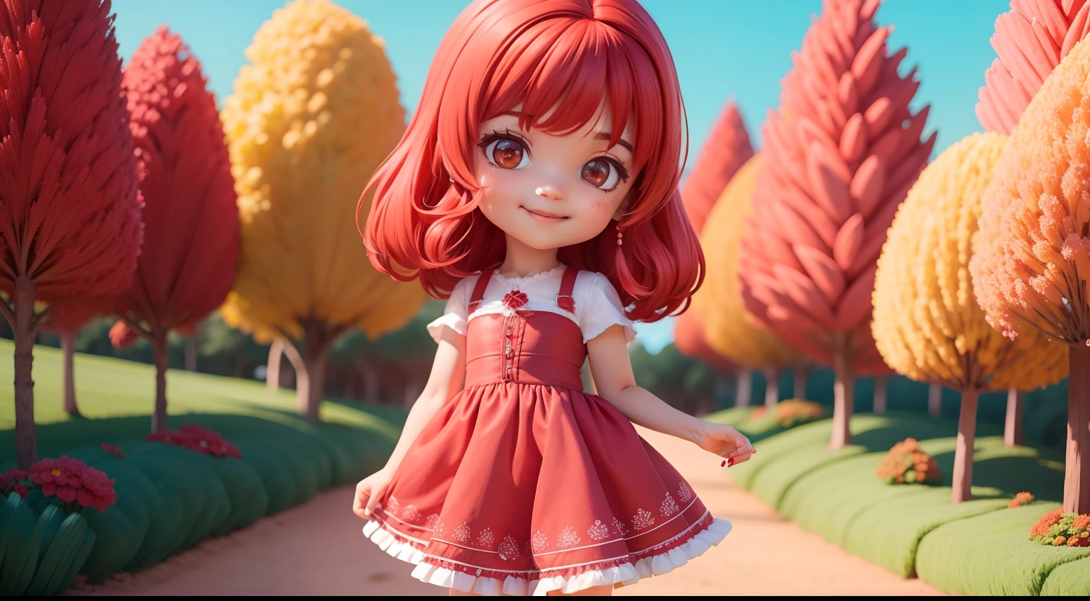 uma feliz com o cabelo vermelho ,red hair, cabelo curto com franjinha , com vestido vermelho com textura de morango, no estilo de desenho da Pixar Disney , brincando em um stramberry fields em um dia ensolarado