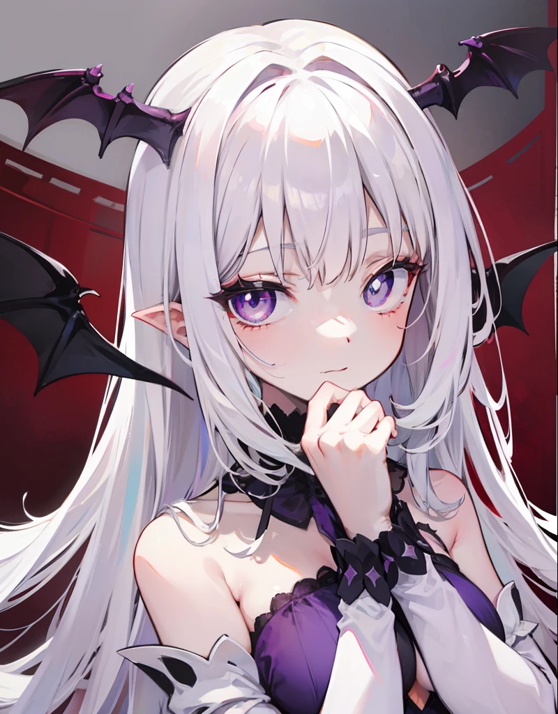 young girl, Long white hair, high ponytail, pink eyes, Bat wings, Black Dress, Disgruntled look, Masterpiece, hiquality