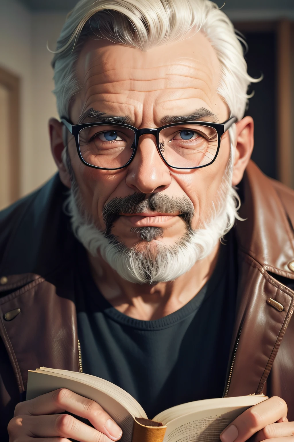 Homem, graves, 47 anos, com barba, olhar gentil, olhos castanhos, forte, inteligente, estudioso, wearing old glasses, com uma jaqueta velha, holding a Bible