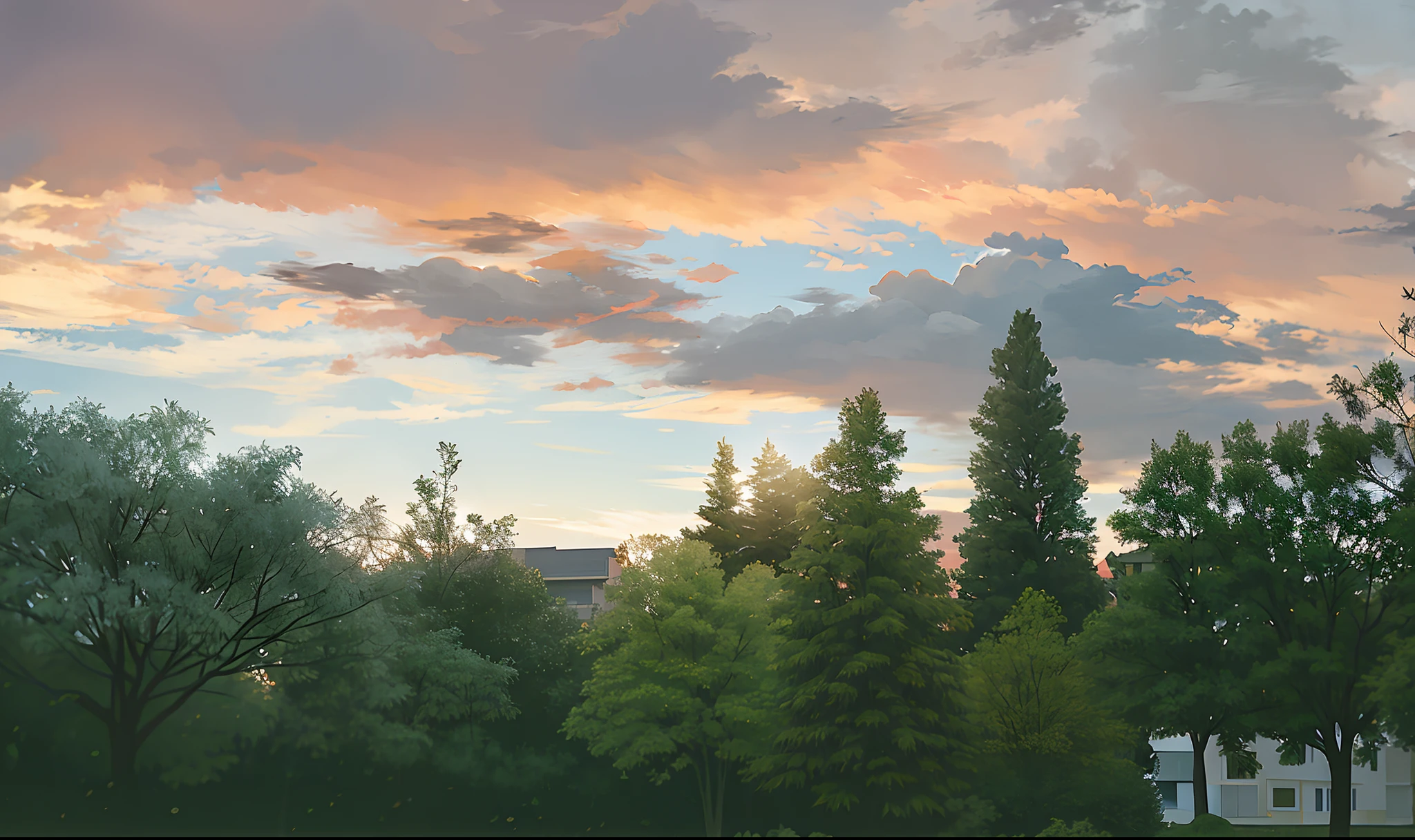 Trees and bushes in the park,The background is the building, sky setting, late sunset, Cloudy sunset, sky is orangish outside, it is sunset, sunset with cloudy skies, eventide!!, Sunset in the background, taken with a Sony A7R camera, sunsettime, vibrant sky, taken at golden hour, evening sky, Sunset sky