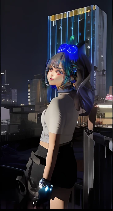 Allard woman wearing a blue bow and a glowing headband, inspired by Leng Mei, dreamy cyberpunk girl, cyberpunk anime girl, Anime style. 8K, female cyberpunk anime girl, anime vibes, anime styled 3d, on tokyo cyberpunk night rooftop,Model girl, trending on cgstation