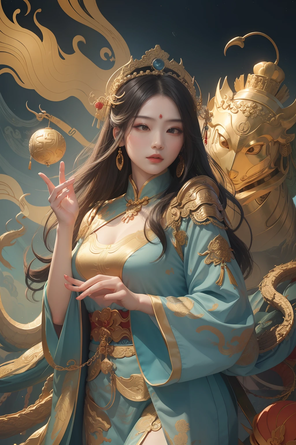 an ancient Chinese goddess, guanyin of the southern seas, Guanyin, Inspired by China, Avalokiteshvara rides a dragon,,Serene expression,shui mo hua,Buddha,Buddhist,Lotus,Chinese painting style,Thangka style